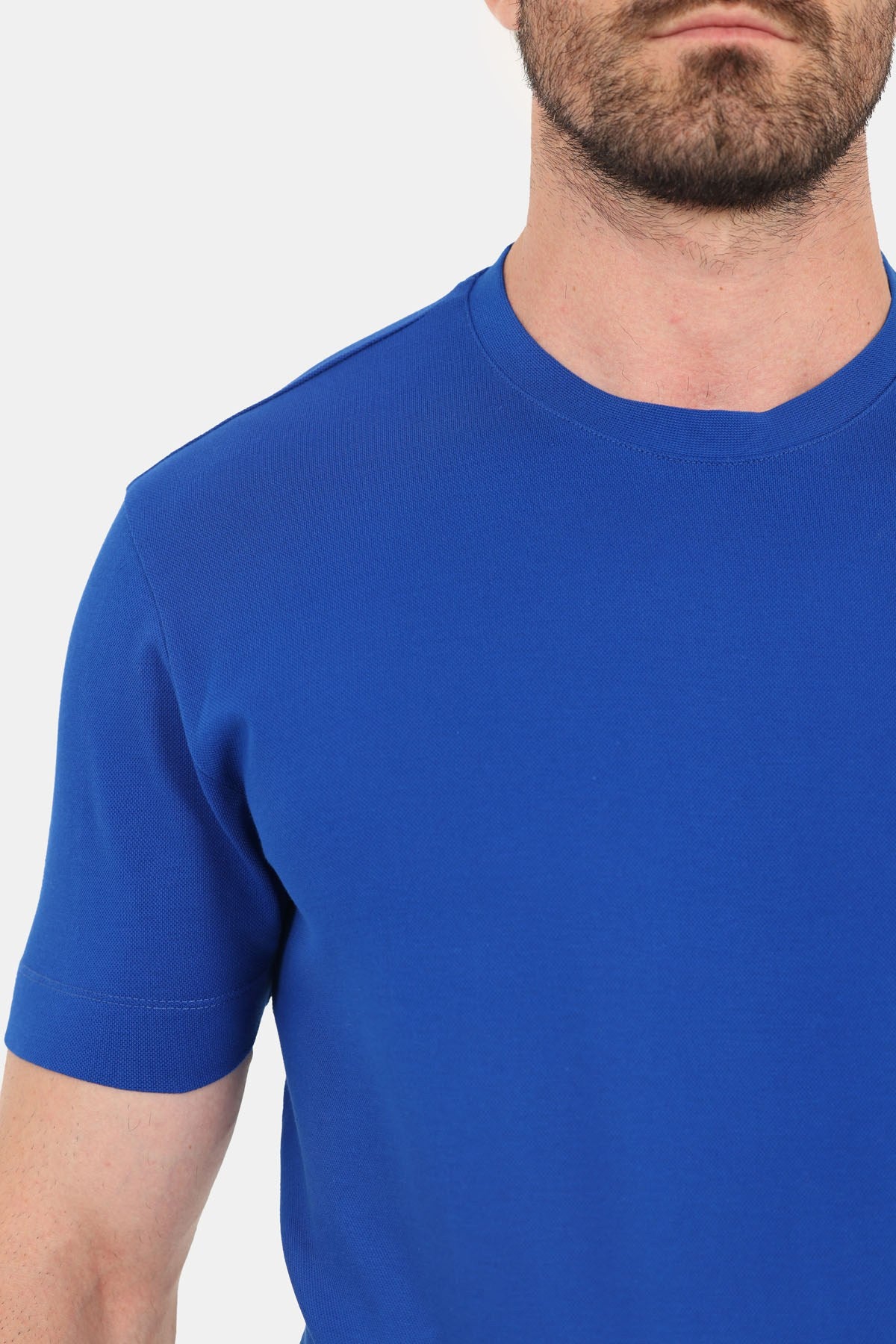 Saks Mavi %100 Pamuk Regular Fit Dokuma Bisiklet Yaka Basic T-Shirt