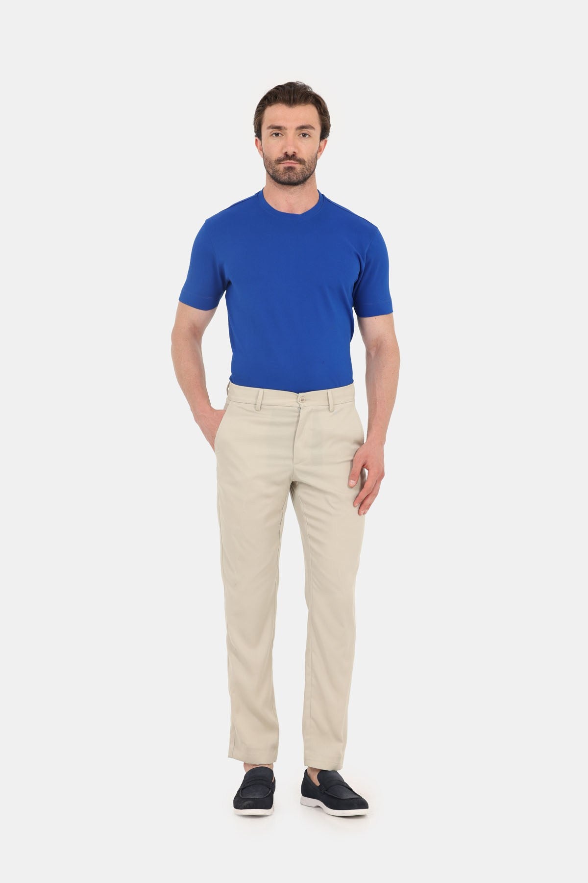Saks Mavi %100 Pamuk Regular Fit Dokuma Bisiklet Yaka Basic T-Shirt