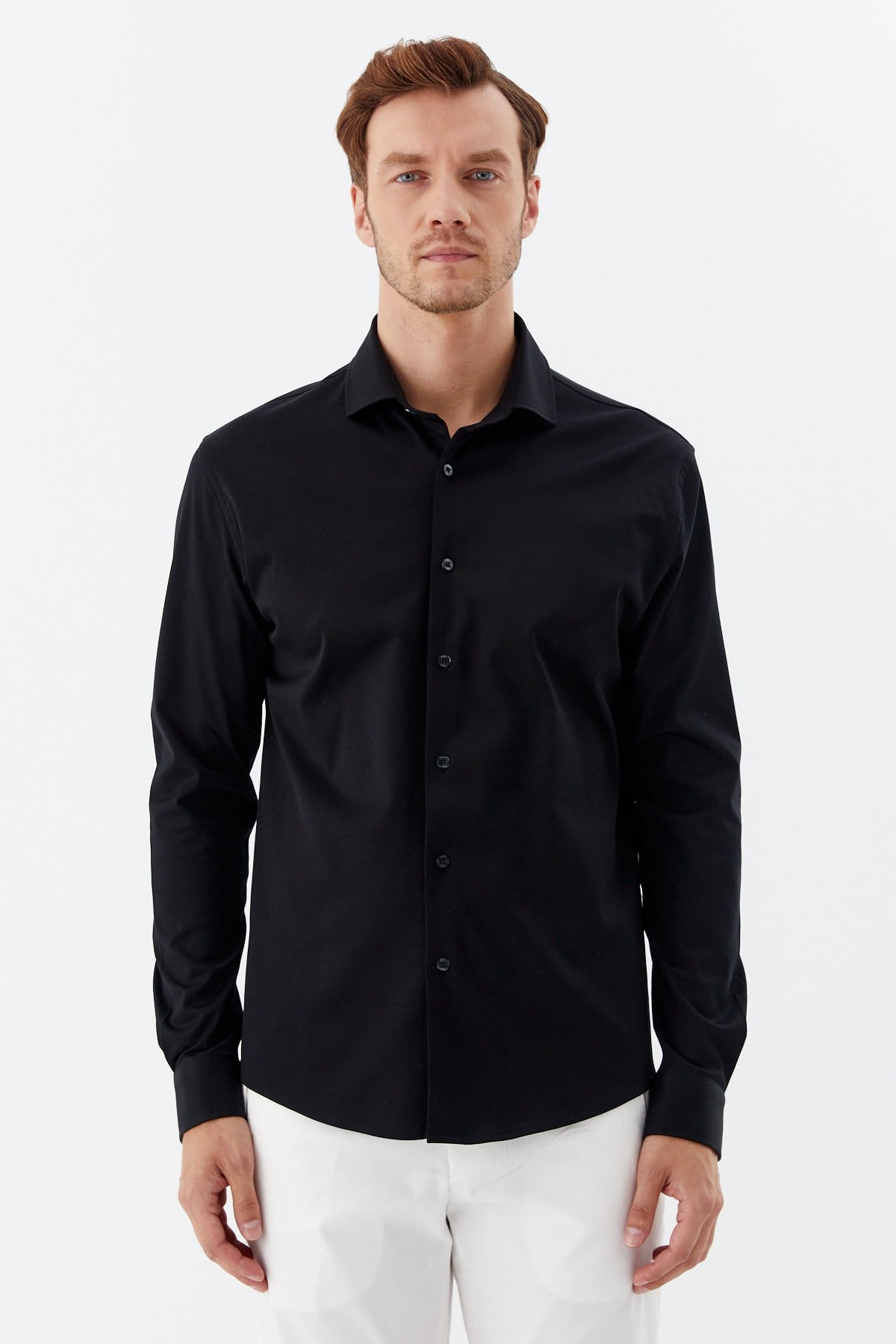 Siyah %100 Pamuk Slim Fit Klasik Yaka Uzun Kollu Gömlek