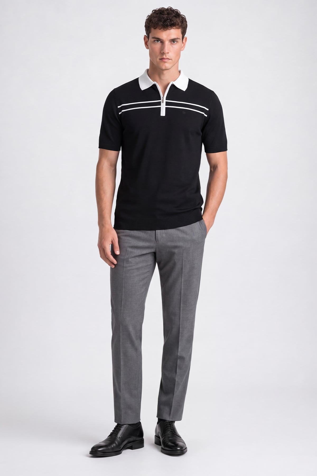 Siyah Regular Fit Polo Yaka Örme Triko T-Shirt