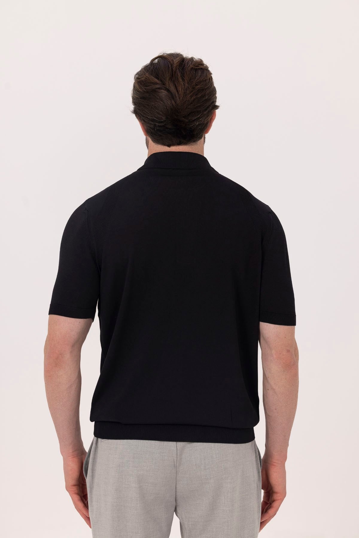 Siyah Reglan Ayaksız Triko Polo Yaka Fermuarlı T-Shırt