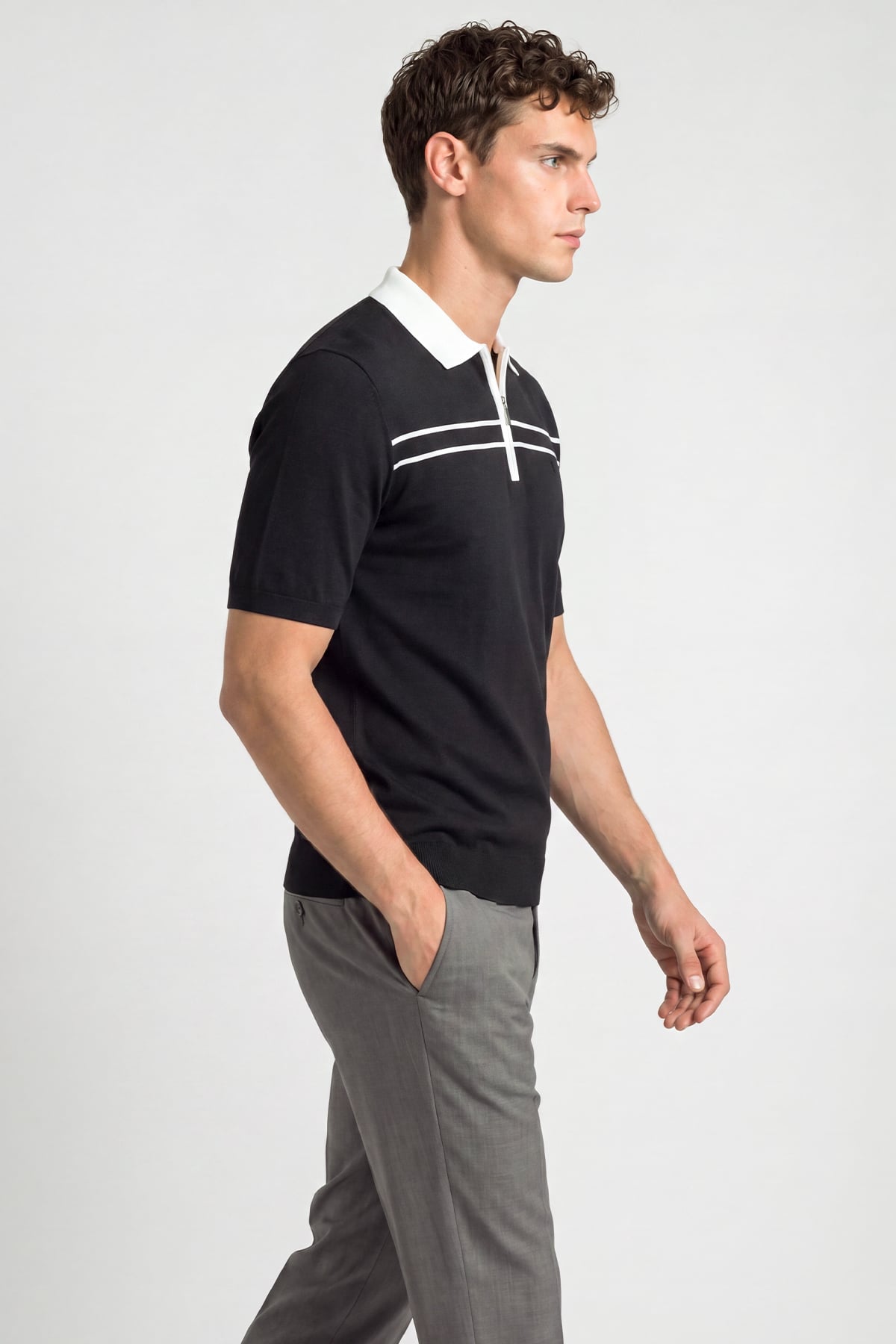 Siyah Regular Fit Örme Fermuarlı Polo Yaka Triko T-Shirt