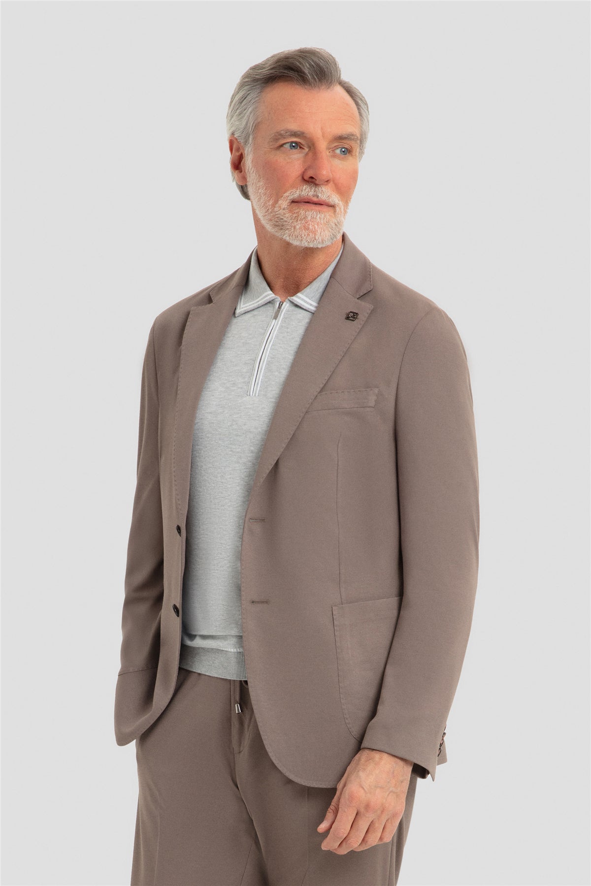 Erkek Vizon Dar Kesim Slim Fit Modal Kumaş Mono Yaka Lastikli Bel Astarsız 6 Drop Takım Elbise