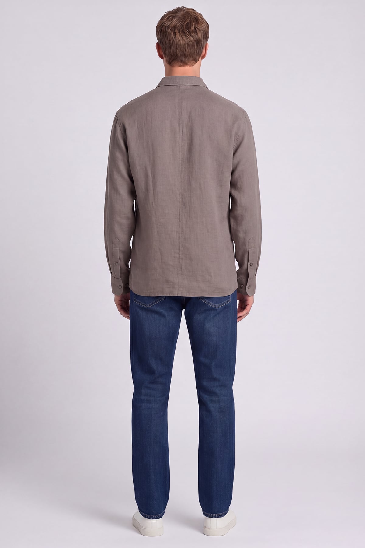 Erkek Vizon Geniş Kesim Oversize Fit Pamuklu Dokuma Klasik Yaka Keten Gömlek