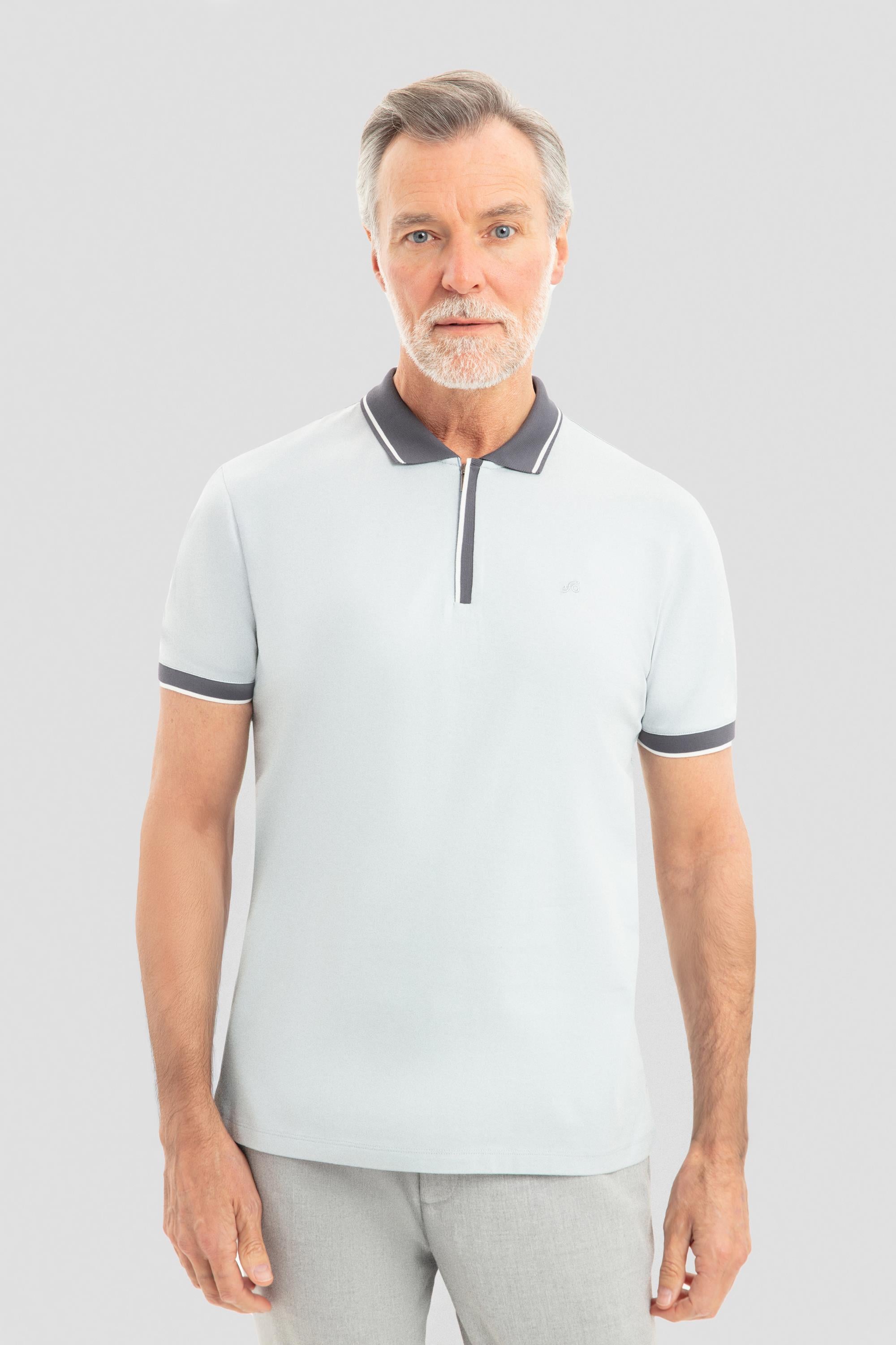 Fermuarlı Polo Yaka Erkek T-Shirt Açık Gri