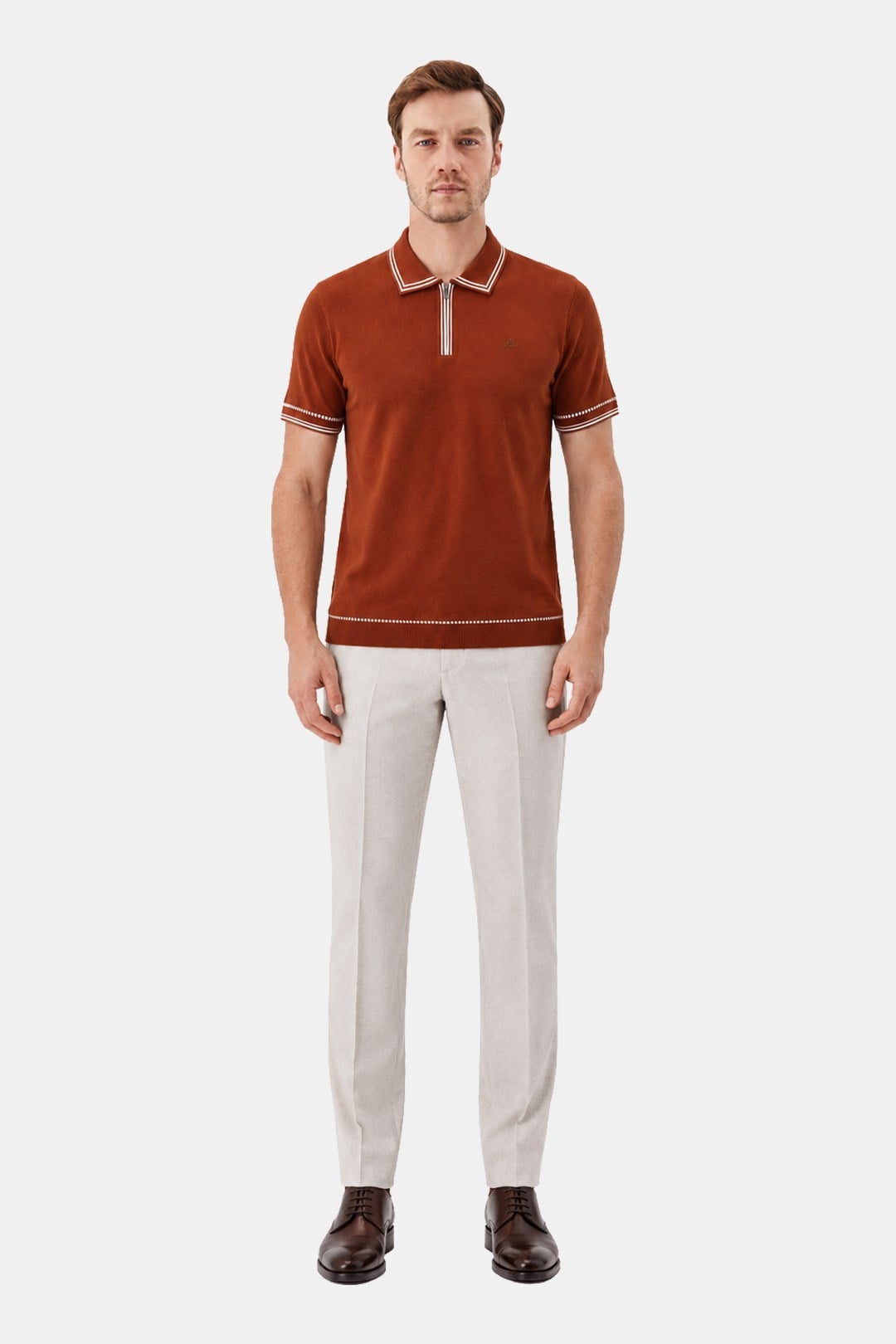 Fermuarlı Polo Yaka Triko T-Shirt Zencefil