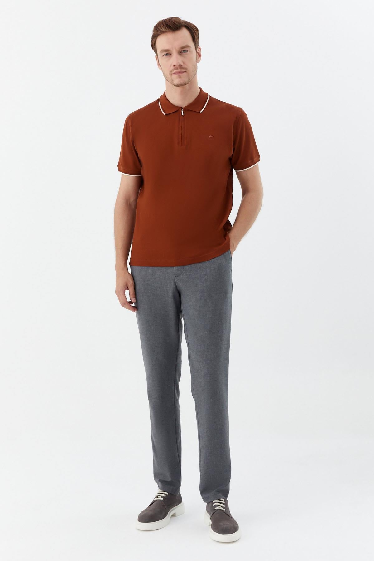 Kahve Regular Fit %100 Pamuk Fermuarlı Polo Yaka T-Shirt