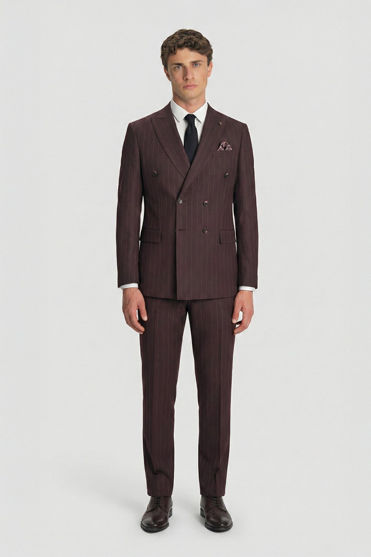 Giotelli Erkek Bordo Dar Kesim Slim Fit Viskon Sivri Yaka Çizgili Kruvaze Fleto Kapaklı Cep Çift Yırtmaçlı Tam Astarlı 6 Drop Takım Elbise