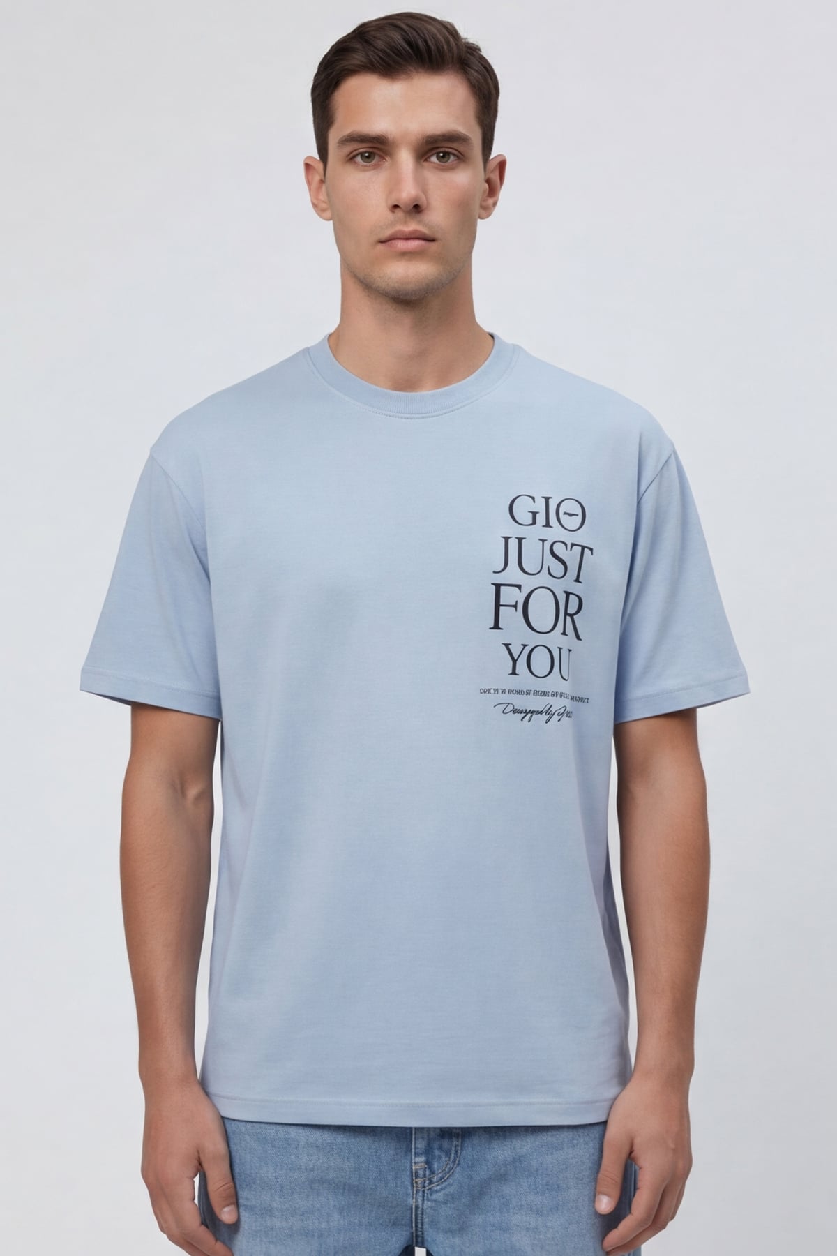 Giotelli Erkek Açık Mavi Geniş Kesim Oversize Fit %100 Pamuk Dokuma Bisiklet Yaka Tişört