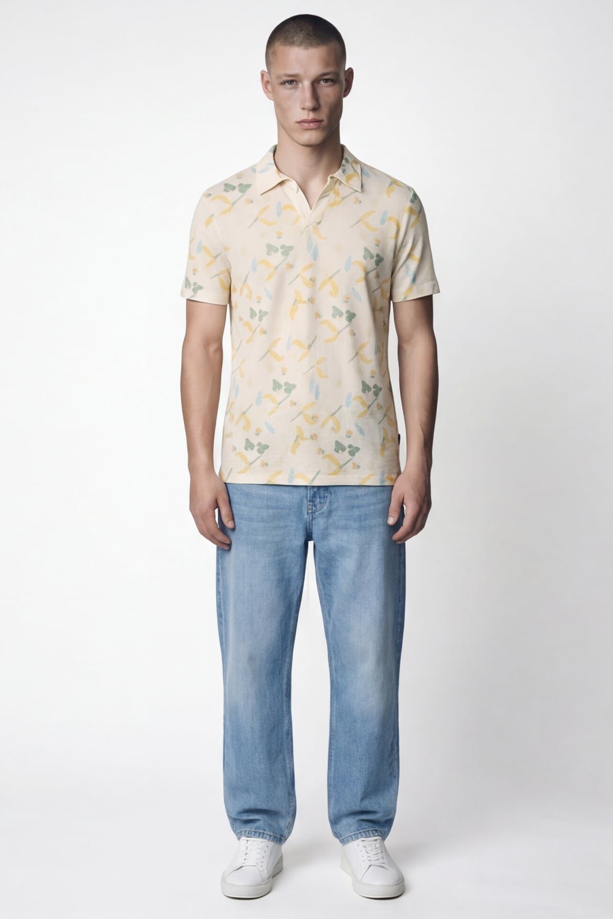 Giotelli Erkek Ekru Dar Kesim Slim Fit Desenli Kısa Kollu Polo Yaka Tişört