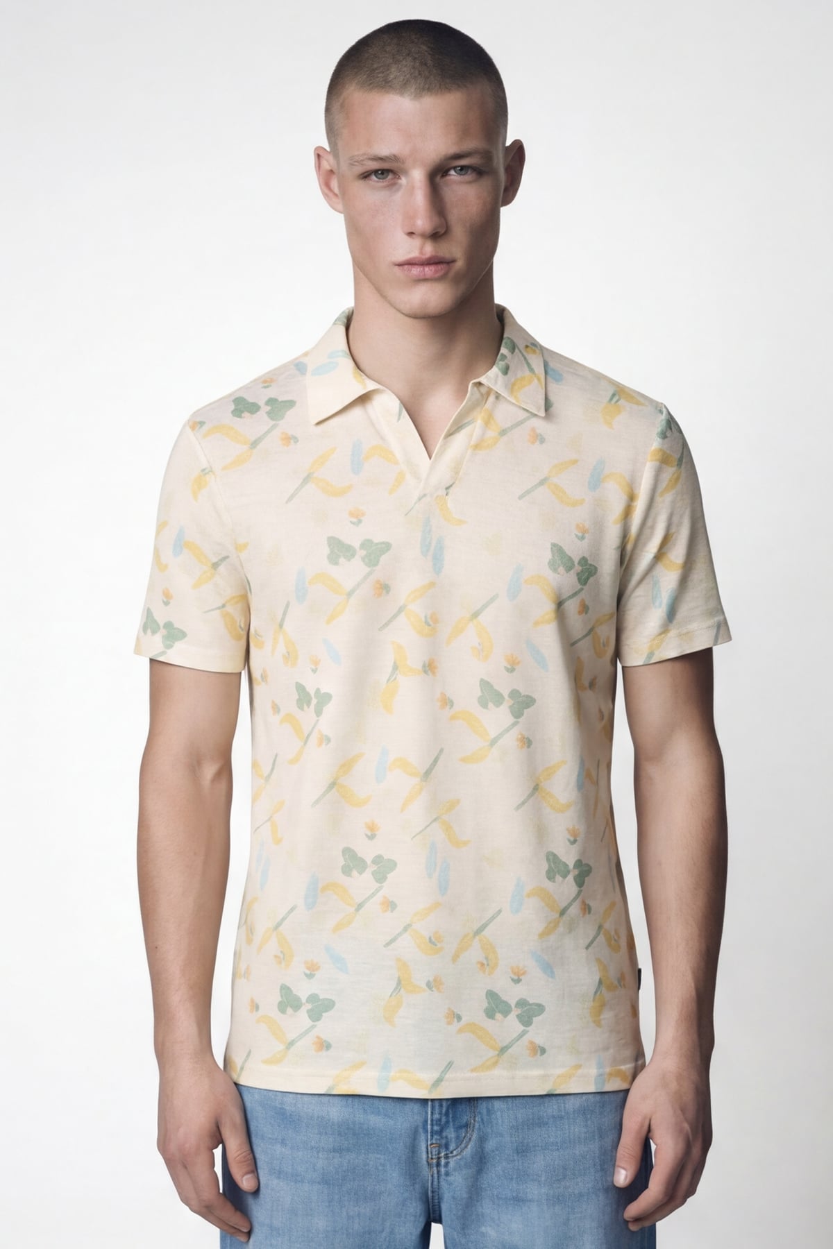 Giotelli Erkek Ekru Dar Kesim Slim Fit Desenli Kısa Kollu Polo Yaka Tişört