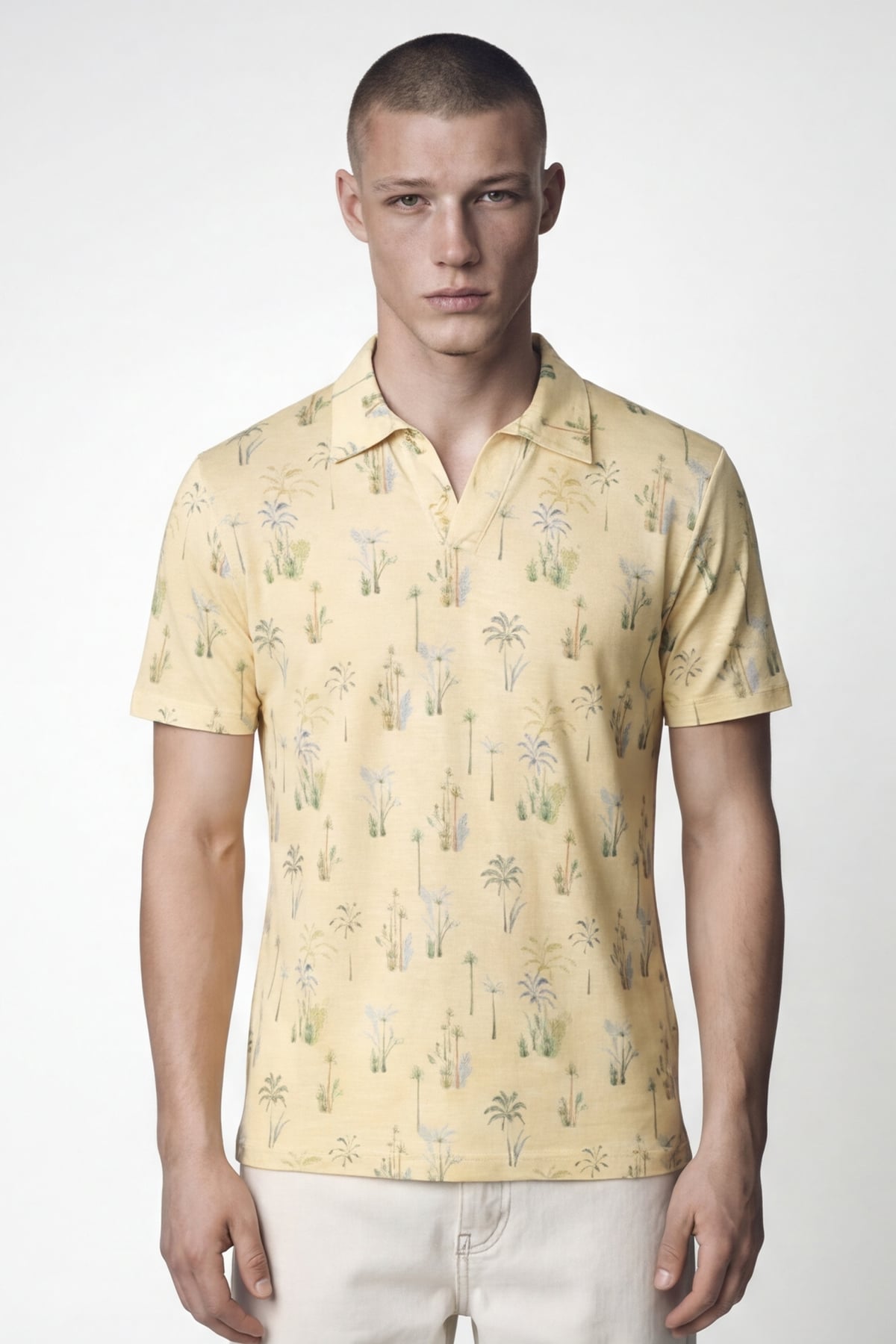 Giotelli Erkek Sarı Dar Kesim Slim Fit Dokuma Desenli Kısa Kollu Polo Yaka Tişört