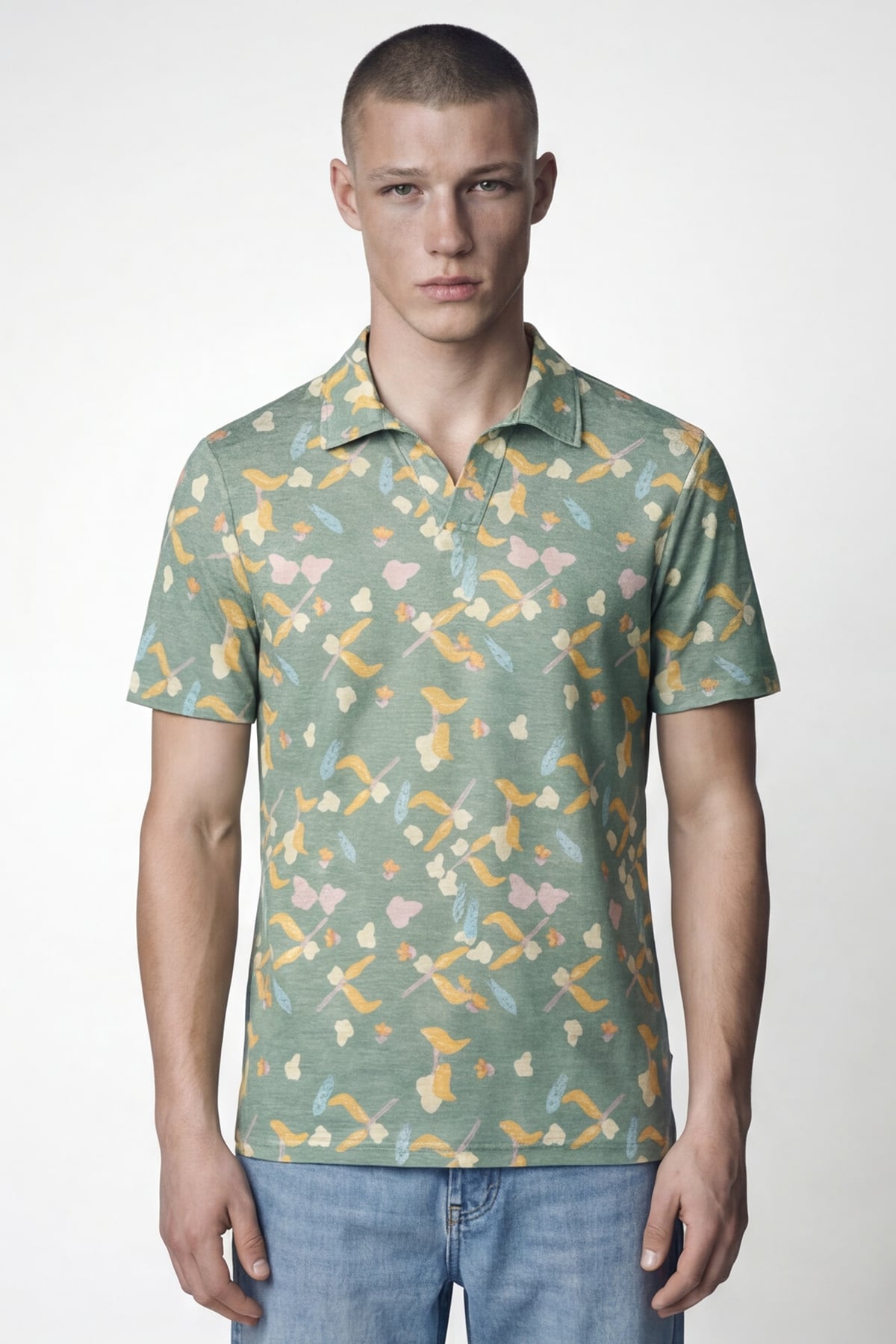 Giotelli Erkek Yeşil Dar Kesim Slim Fit Desenli Kısa Kollu Polo Yaka Tişört