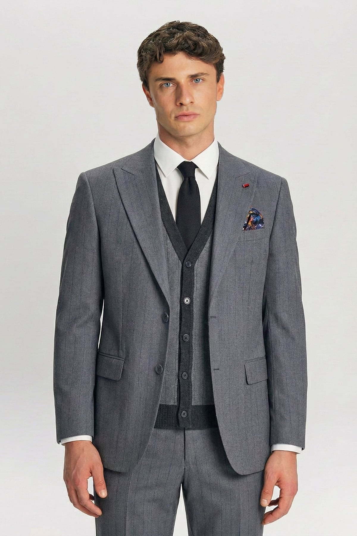 Giotelli Erkek Gri Dar Kesim Slim Fit Viskon Dokuma Normal Bel 6 Drop Triko Yelekli Takım Elbise
