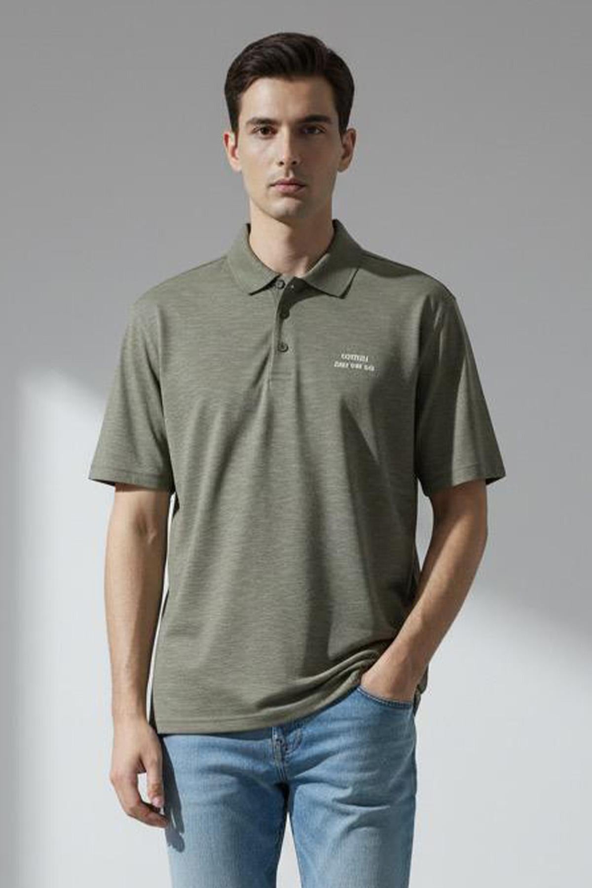 Giotelli Erkek Haki Dar Kesim Slim Fit %100 Pamuk Düğmeli Polo Yaka Tişört