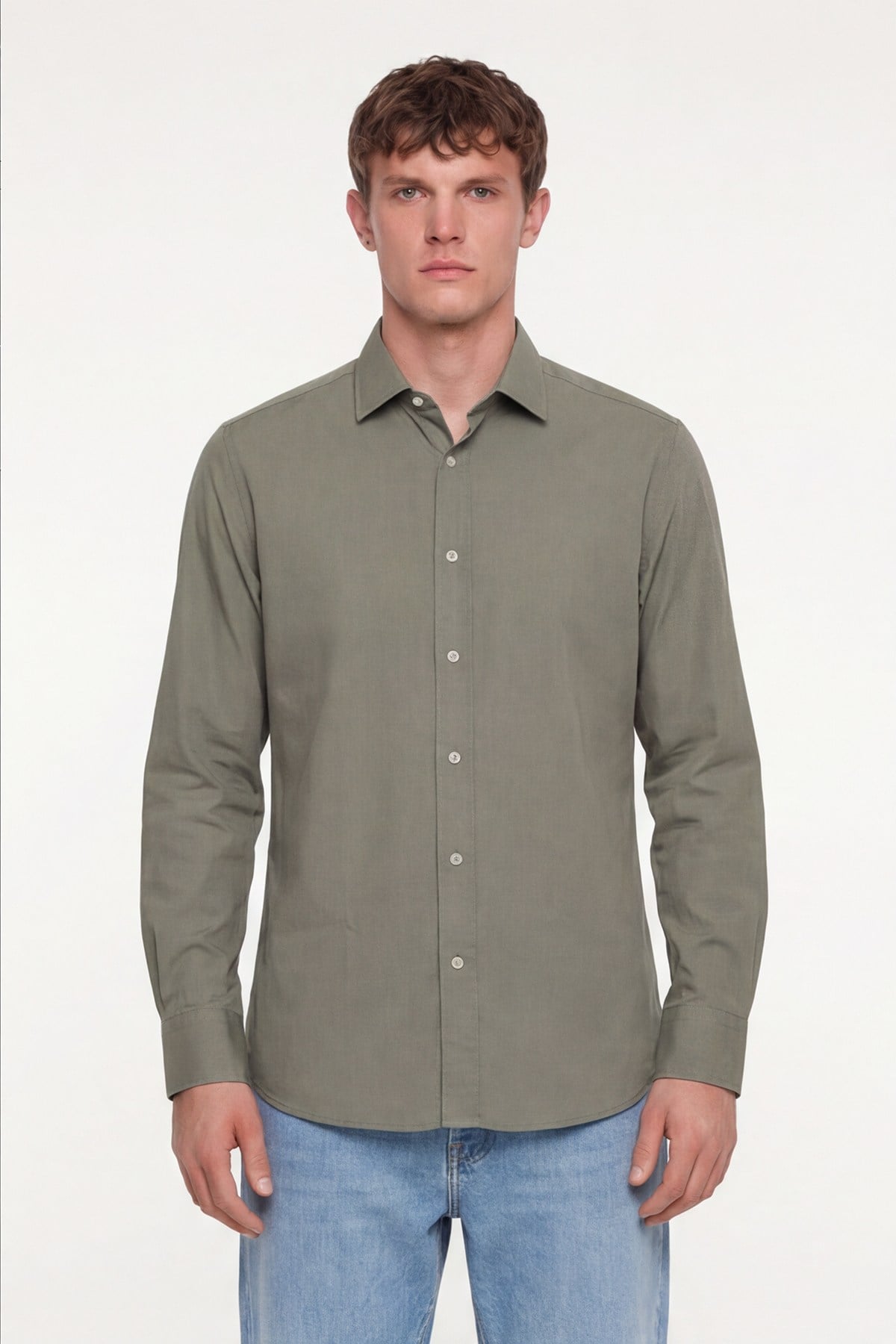 Erkek Haki Normal Kesim Regular Fit %100 Pamuk Gabardin Uzun Kollu Klasik Yaka Gömlek