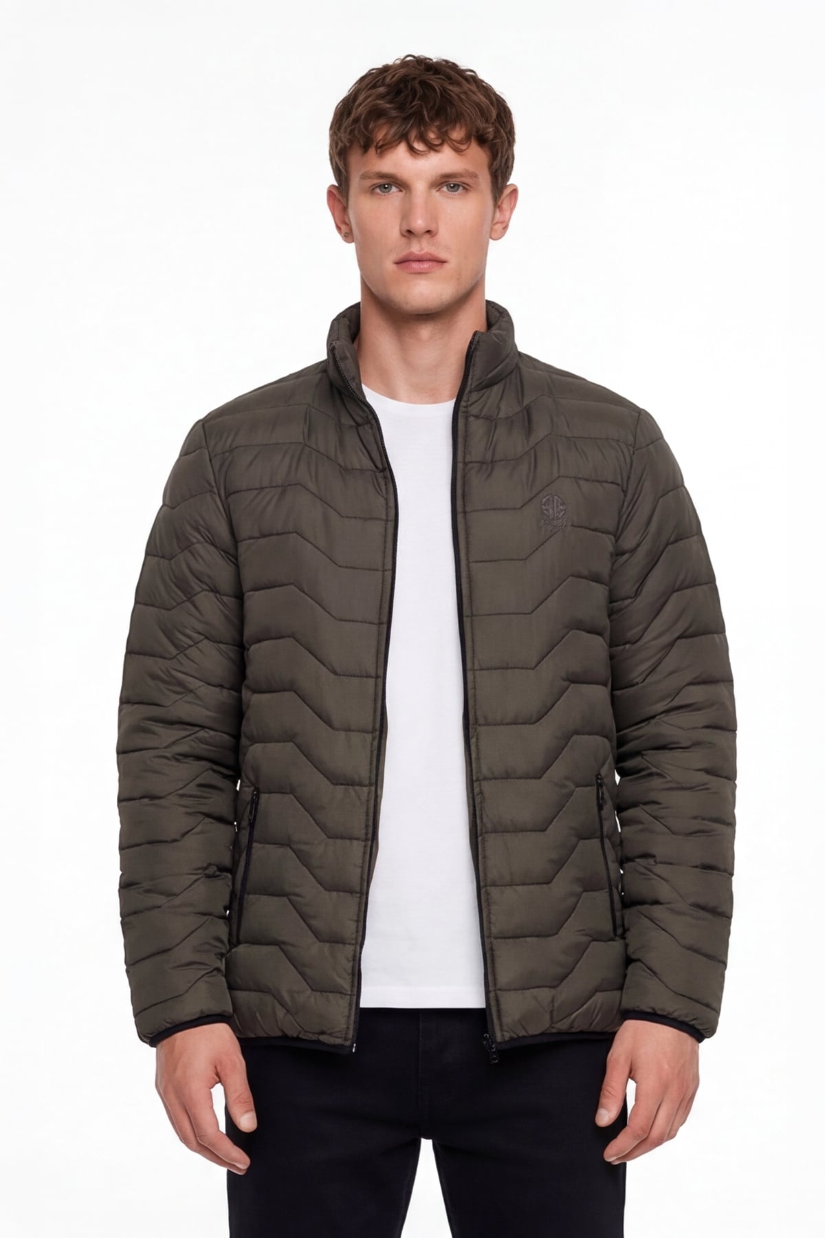 Erkek Haki Dar Kesim Slim Fit Dik Yaka Fermuarlı Mont