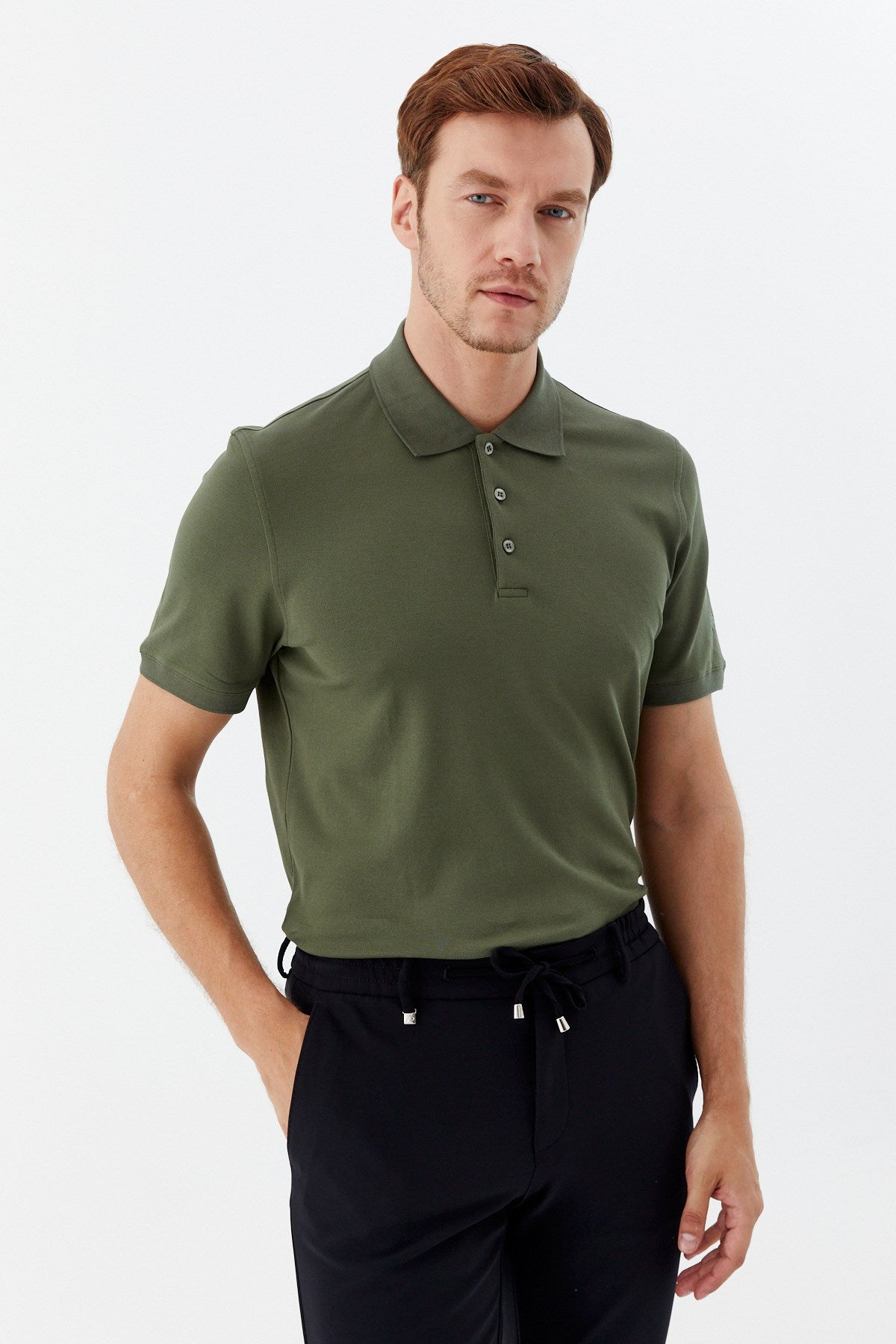 Haki Pamuklu Slim Fit Kısa Kollu Polo Yaka T-Shirt
