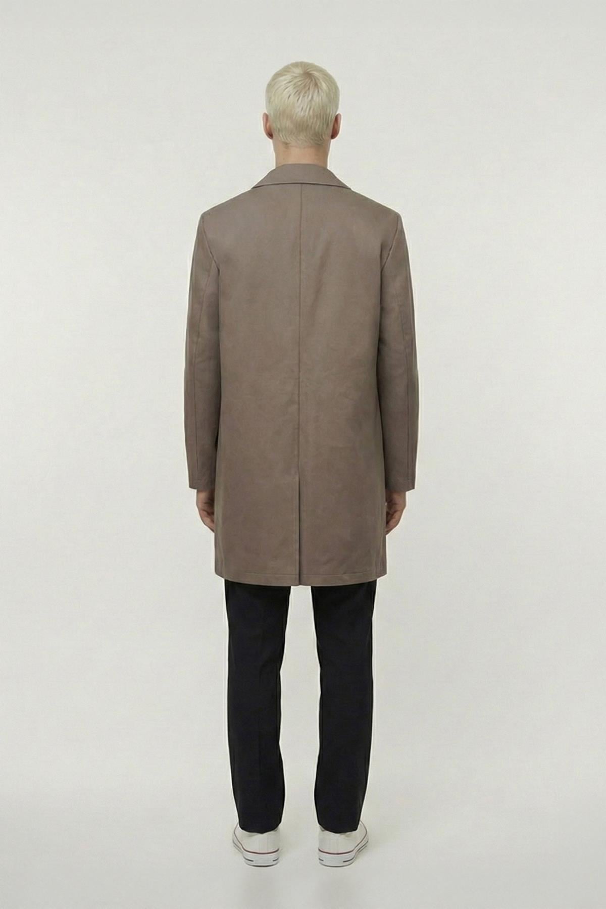 Erkek Kahve Geniş Kesim Oversize Fit Pamuklu Dokuma Yan Cepli Orta Boy Ceket Yaka Trençkot