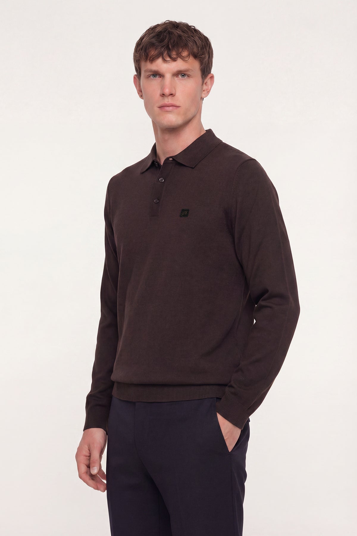 Kahve Regular Fit Pamuklu Polo Yaka Triko Kazak