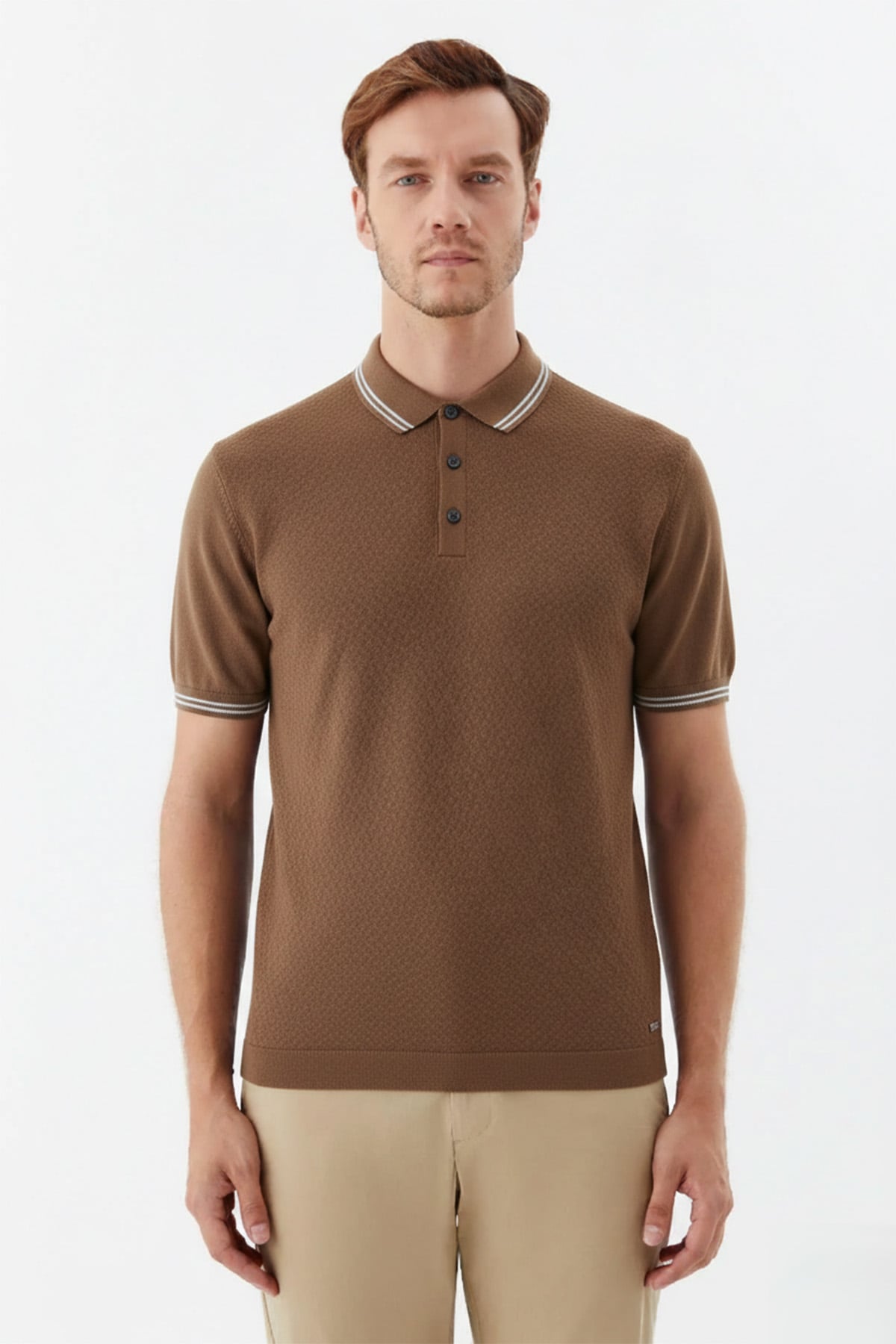 Erkek Kiremit Dar Kesim Slim Fit %100 Pamuk Jakarlı Triko Polo Yaka Tişört