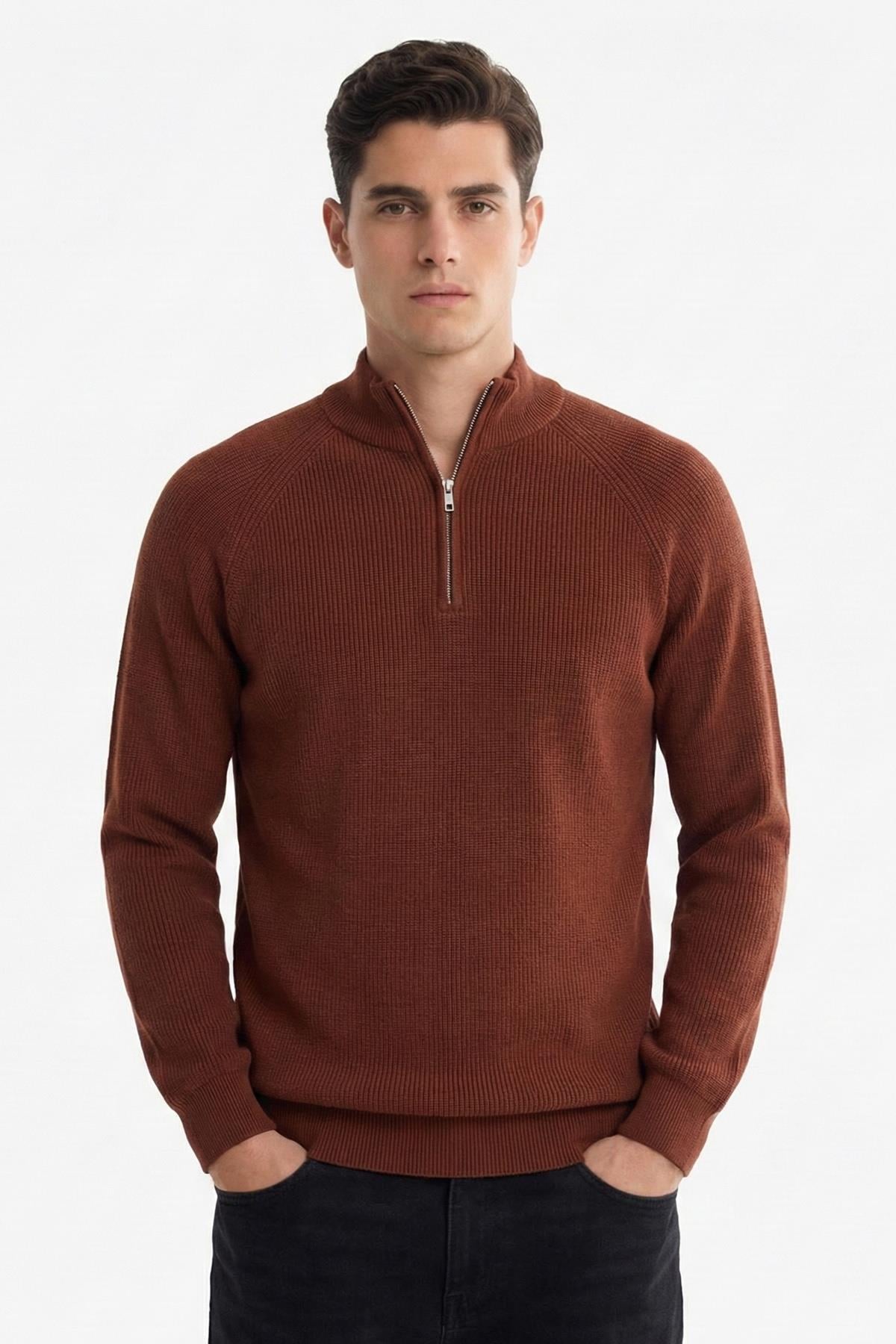 Kiremit Slim Fit Fermuarlı Yarım Balıkçı Yaka Triko Kazak