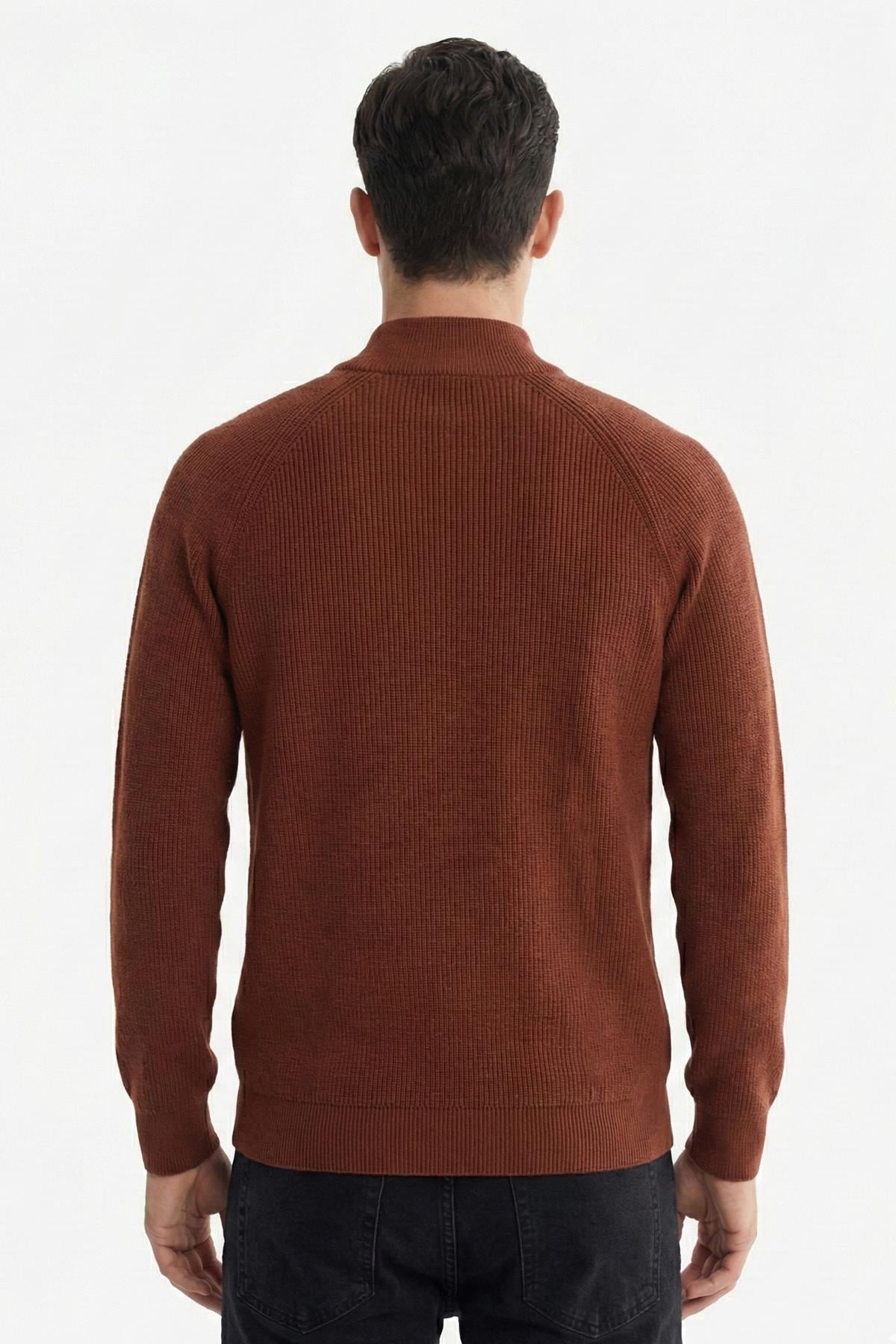 Kiremit Slim Fit Fermuarlı Yarım Balıkçı Yaka Triko Kazak