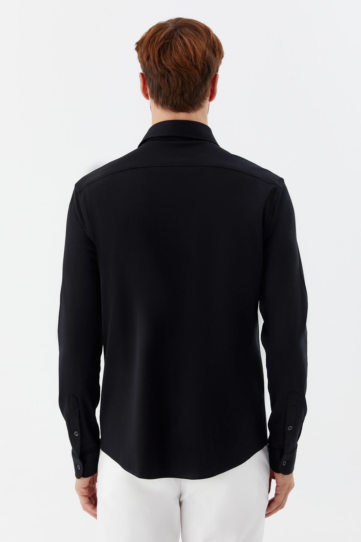Erkek Siyah Dar Kesim Slim Fit %100 Pamuk Düz Dokuma Klasik Yaka Gömlek