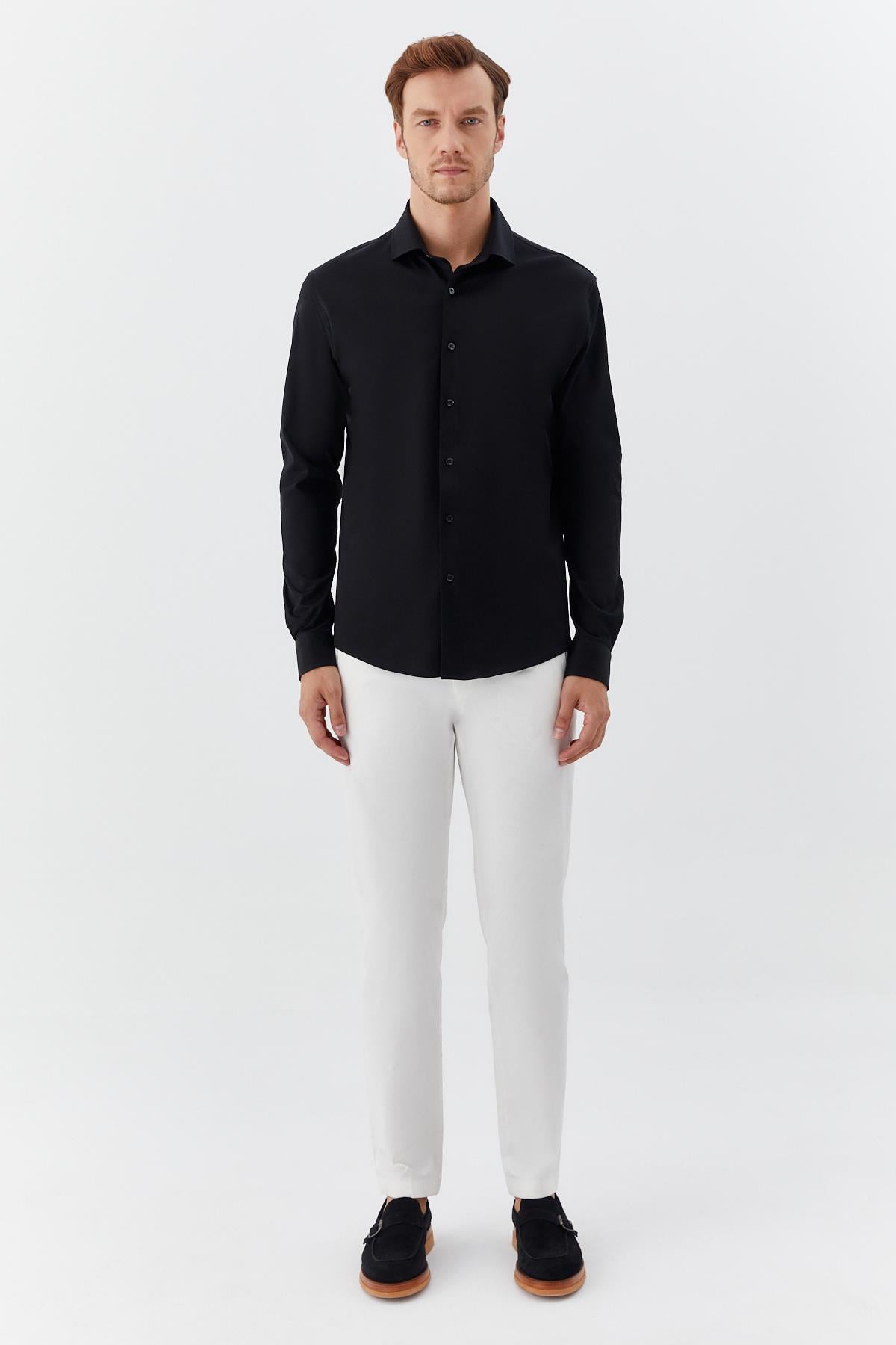 Erkek Siyah Dar Kesim Slim Fit %100 Pamuk Düz Dokuma Klasik Yaka Gömlek