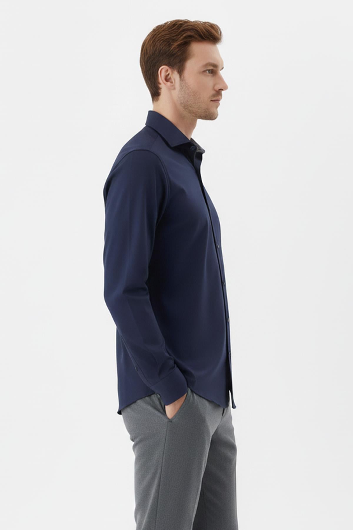 Erkek Lacivert Dar Kesim Slim Fit %100 Pamuk Dokuma Uzun Kollu Klasik Yaka Gömlek