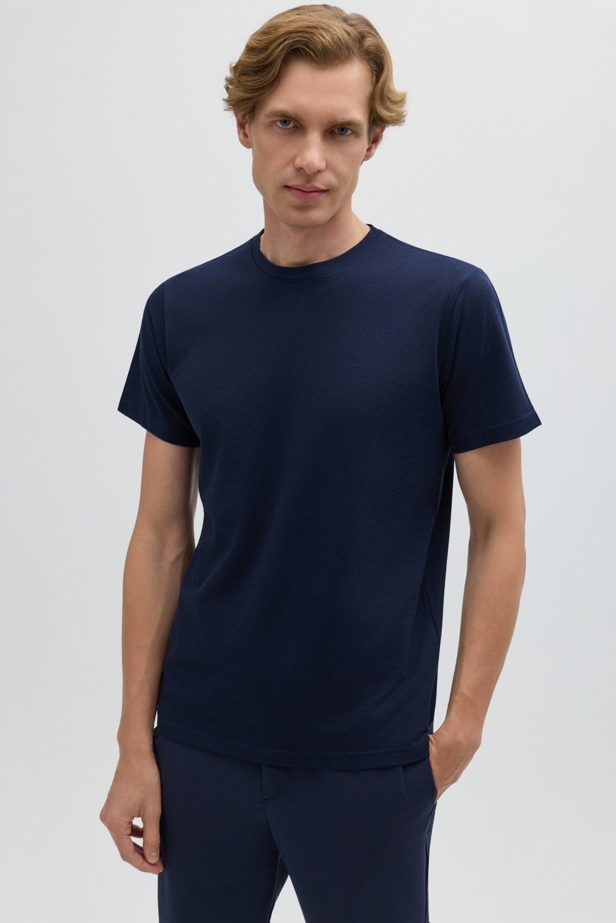 Koyu Lacivert %100 Pamuk Bisiklet Yaka Düz Renk Basic T-Shirt