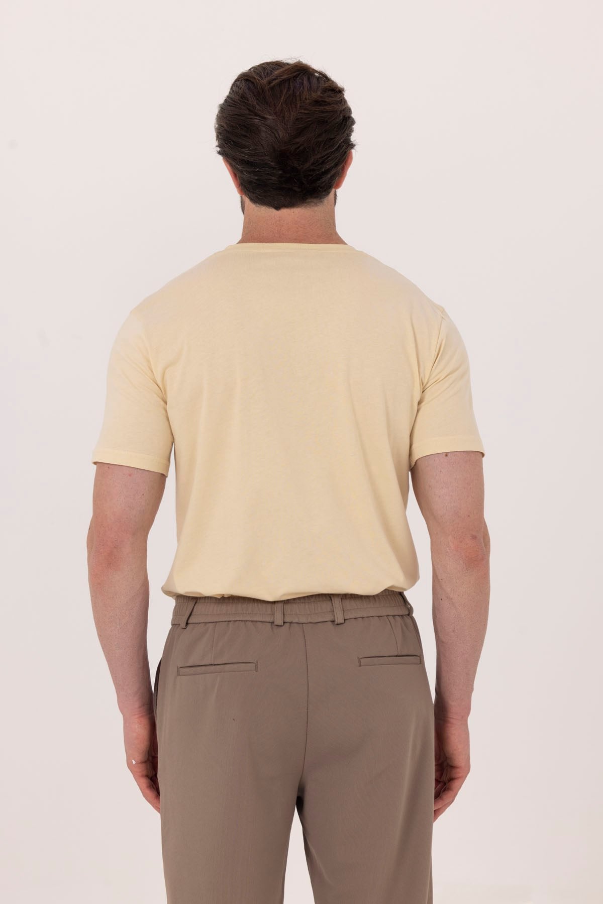 Krem %100 Pamuk Bisiklet Yaka Düz Renk Basic T-Shirt