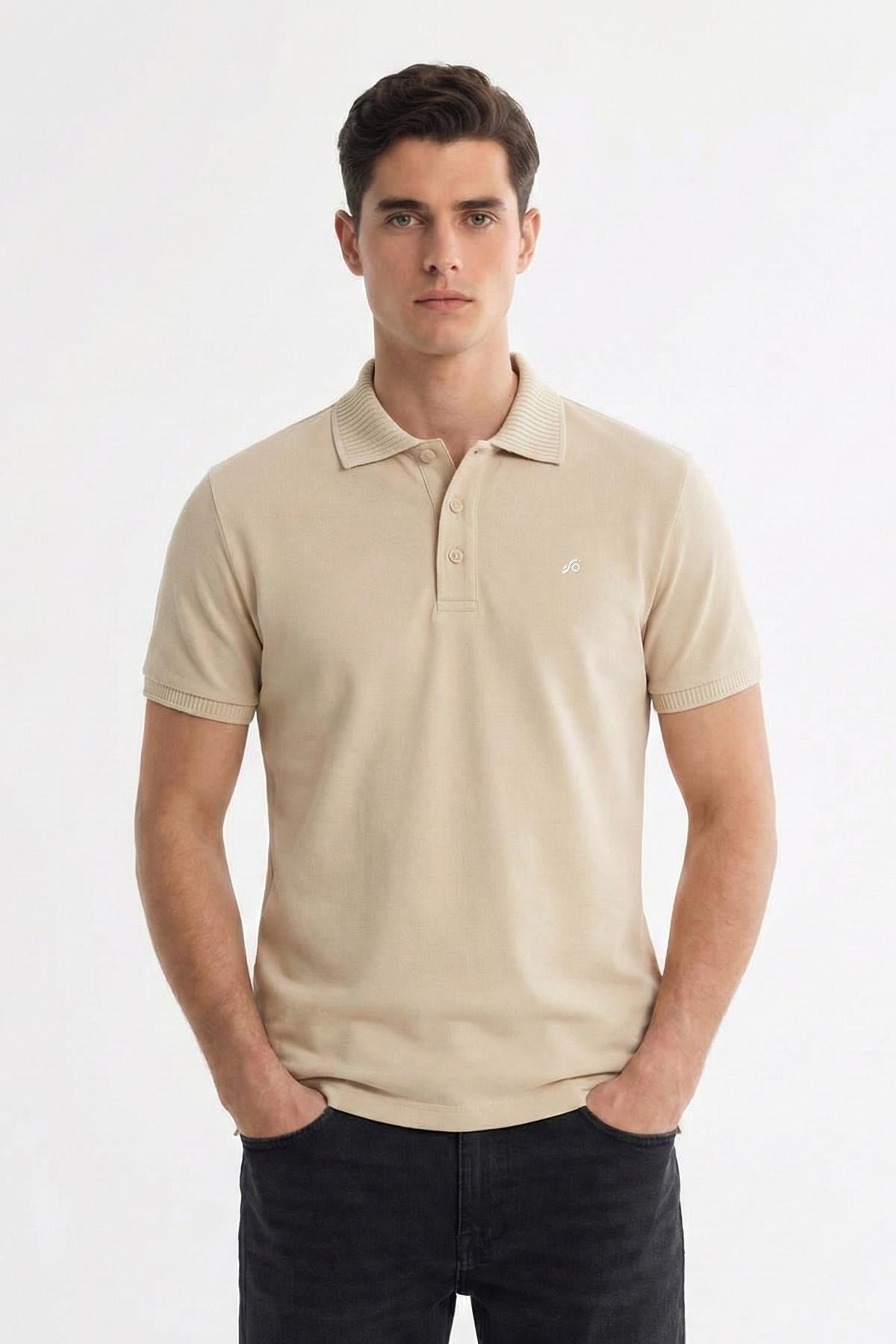 Erkek Kum Dar Kesim Slim Fit %100 Pamuk Pike Polo Yaka Tişört