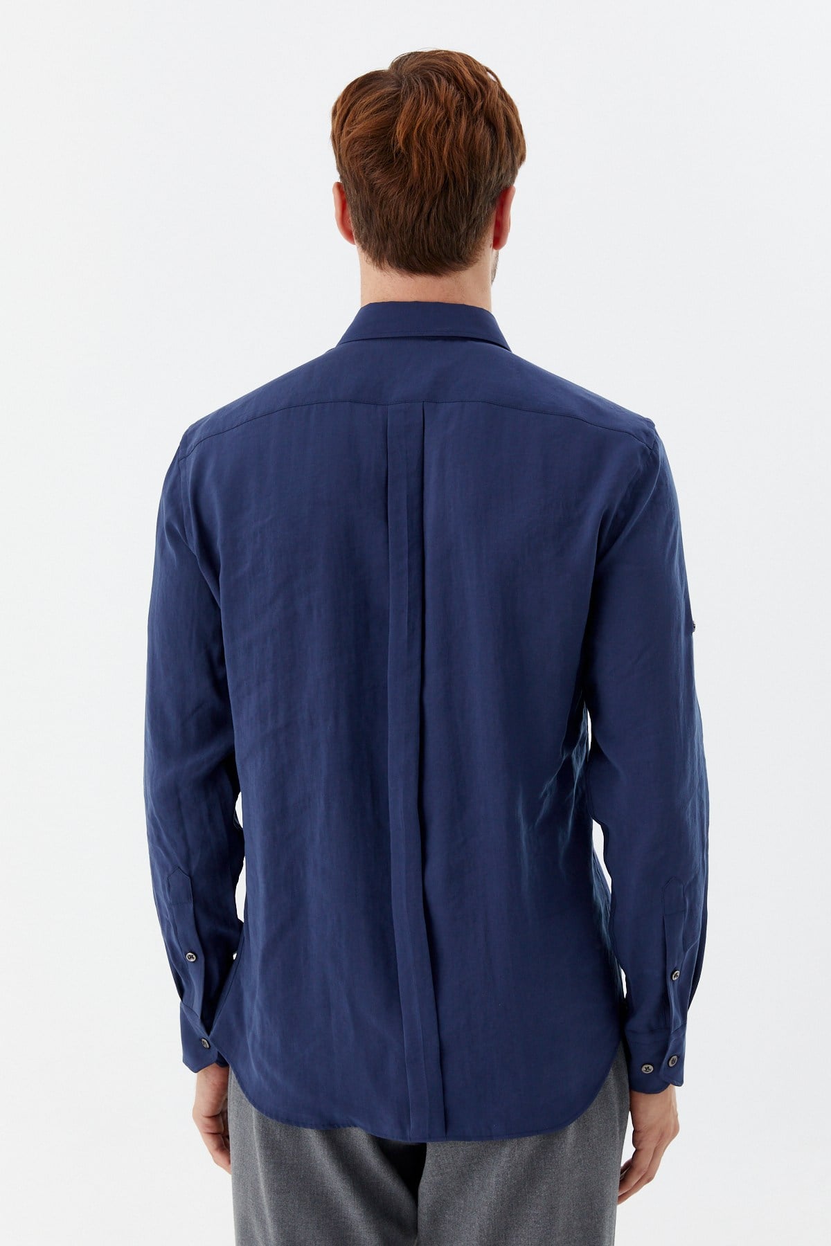 Lacivert %100 Pamuk Klasik Yaka Cepli Slim Fit Gömlek