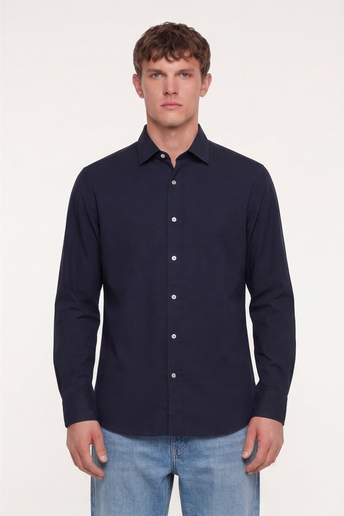 Erkek Lacivert Normal Kesim Regular Fit %100 Pamuk Gabardin Uzun Kollu Klasik Yaka Gömlek