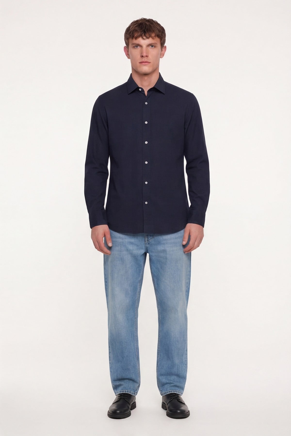 Erkek Lacivert Normal Kesim Regular Fit %100 Pamuk Gabardin Uzun Kollu Klasik Yaka Gömlek