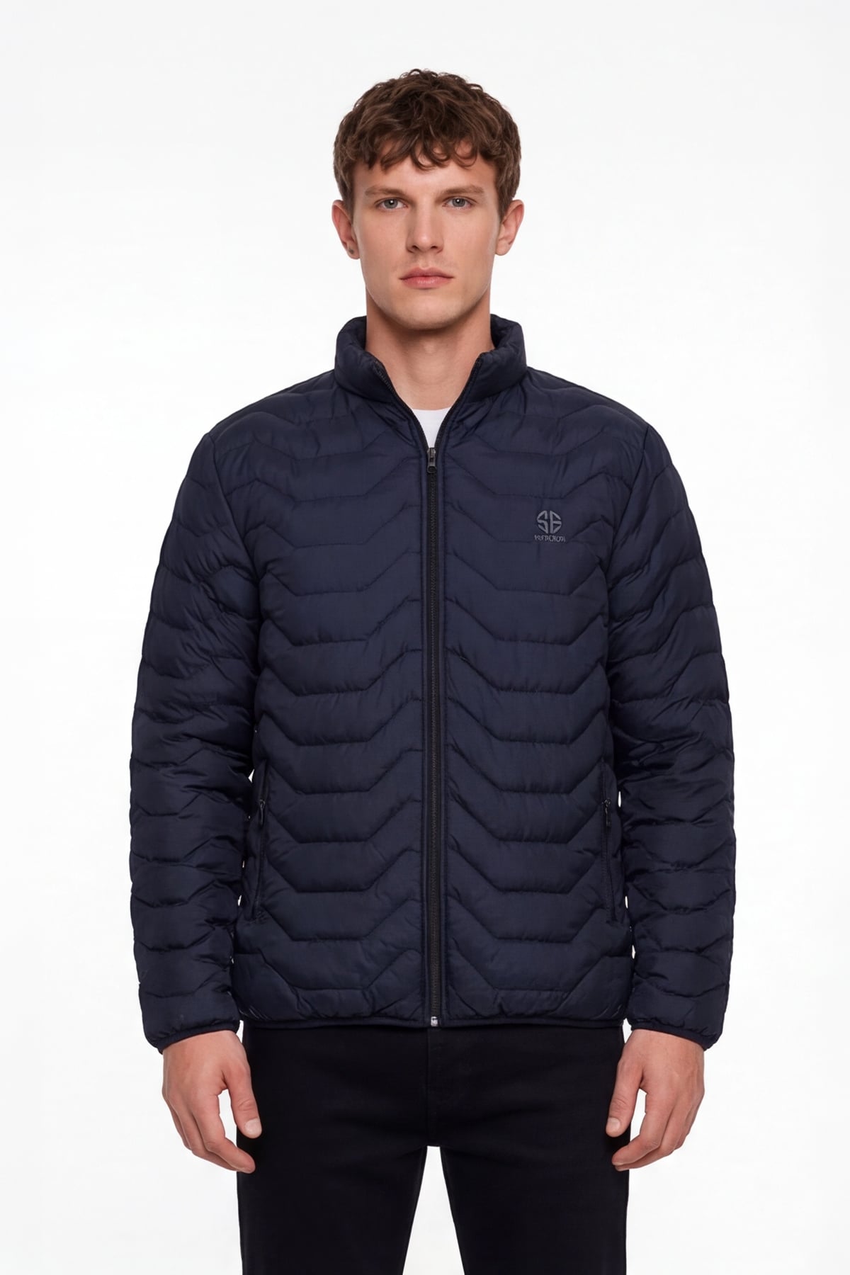 Erkek Lacivert Dar Kesim Slim Fit Dik Yaka Fermuarlı Mont