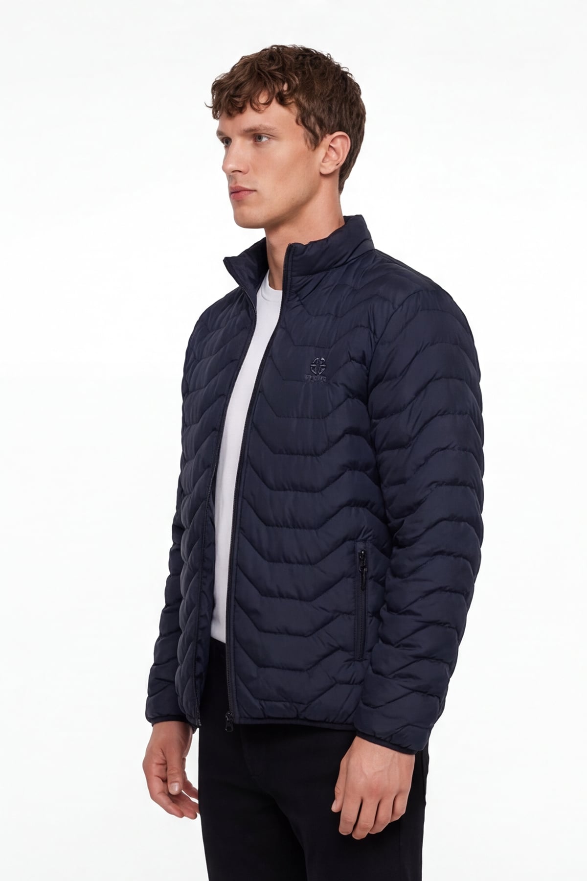 Erkek Lacivert Dar Kesim Slim Fit Dik Yaka Fermuarlı Mont