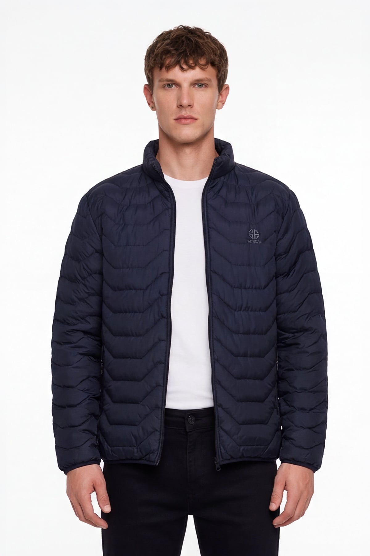 Erkek Lacivert Dar Kesim Slim Fit Dik Yaka Fermuarlı Mont