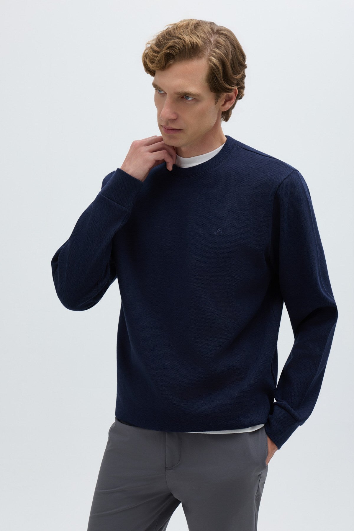 Lacivert Pamuklu Bisiklet Yaka Sweatshirt