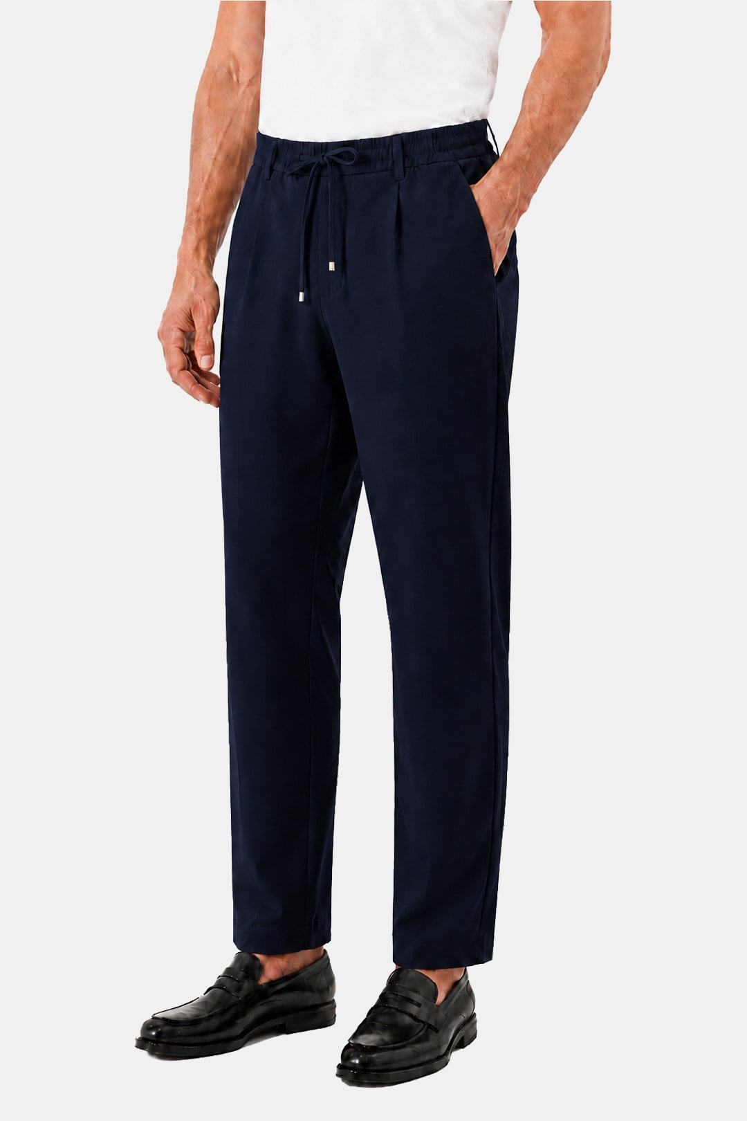 Lacivert Dokulu Arka Lastikli Köprü Kemerli Bağcıklı Slim Fit Jogger Pantolon