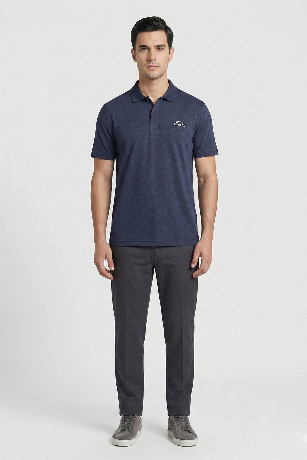 Giotelli Erkek Lacivert Dar Kesim Slim Fit %100 Pamuk Pike Düğmeli Polo Yaka Tişört