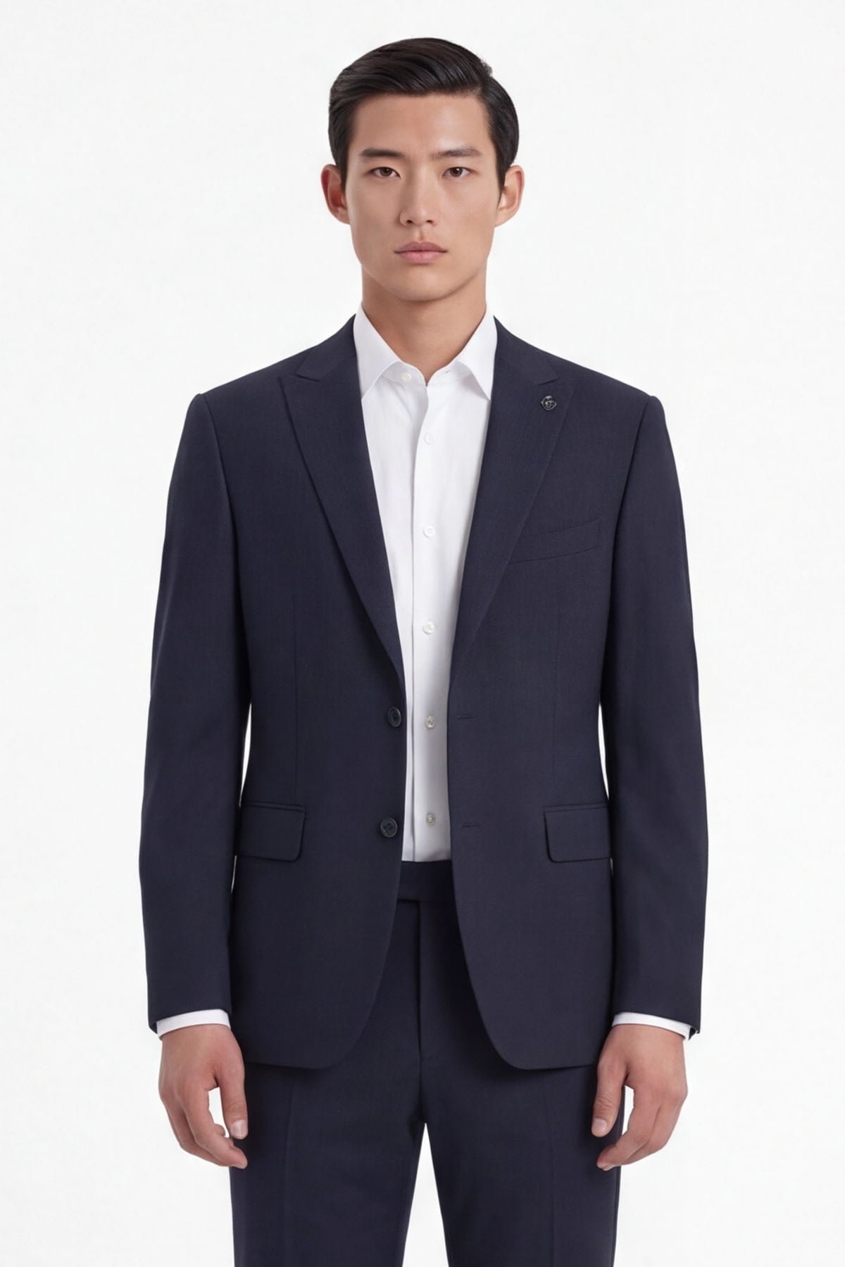 Erkek Lacivert Dar Kesim Slim Fit Yünlü Çizgili Sivri Yaka Klasik Paça Tam Astarlı 6 Drop Takım Elbise