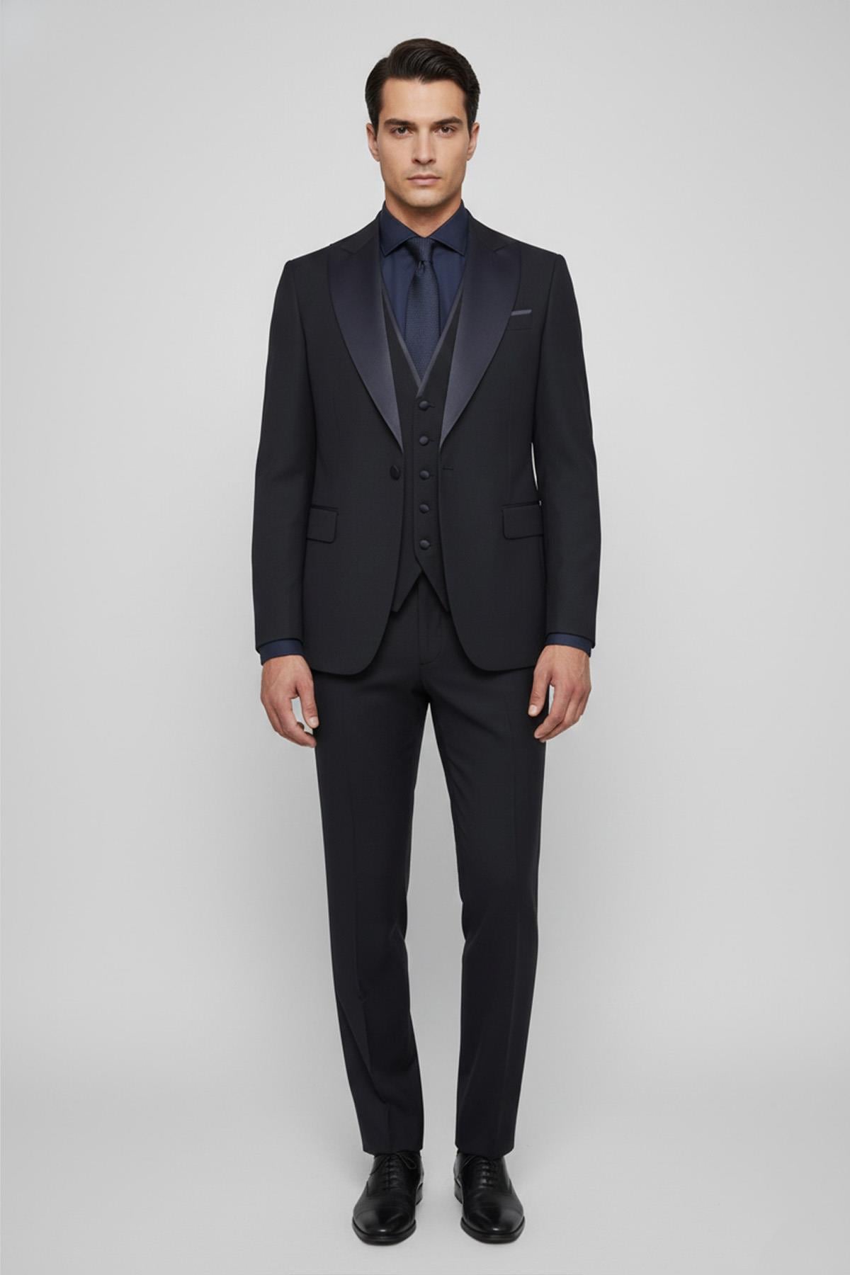 Giotelli Erkek Lacivert Dar Kesim Slim Fit Şal Yaka 6 Drop Yelekli Smokin Takım Elbise