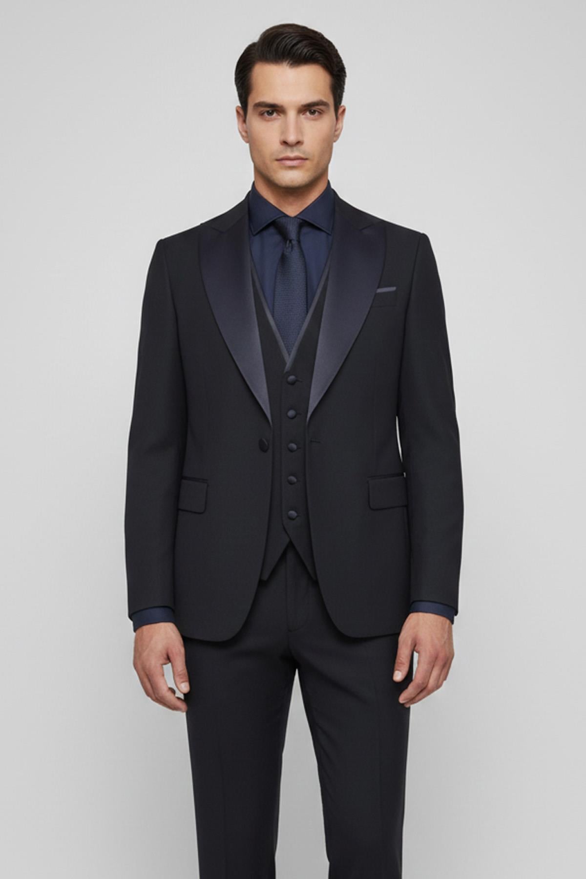 Giotelli Erkek Lacivert Dar Kesim Slim Fit Fleto Kapaklı Cep Şal Yaka Wedding 6 Drop Yelekli Smokin Takım Elbise