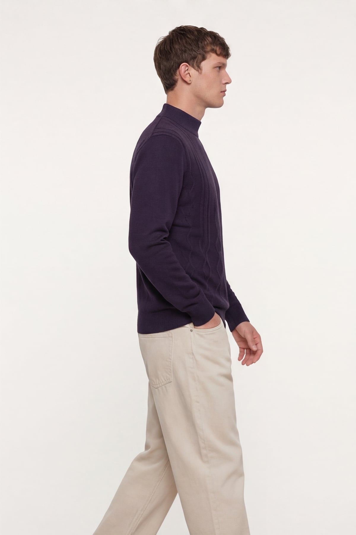 Erkek Mor Dar Kesim Slim Fit Yünlü Yarım Balıkçı Yaka Triko Kazak