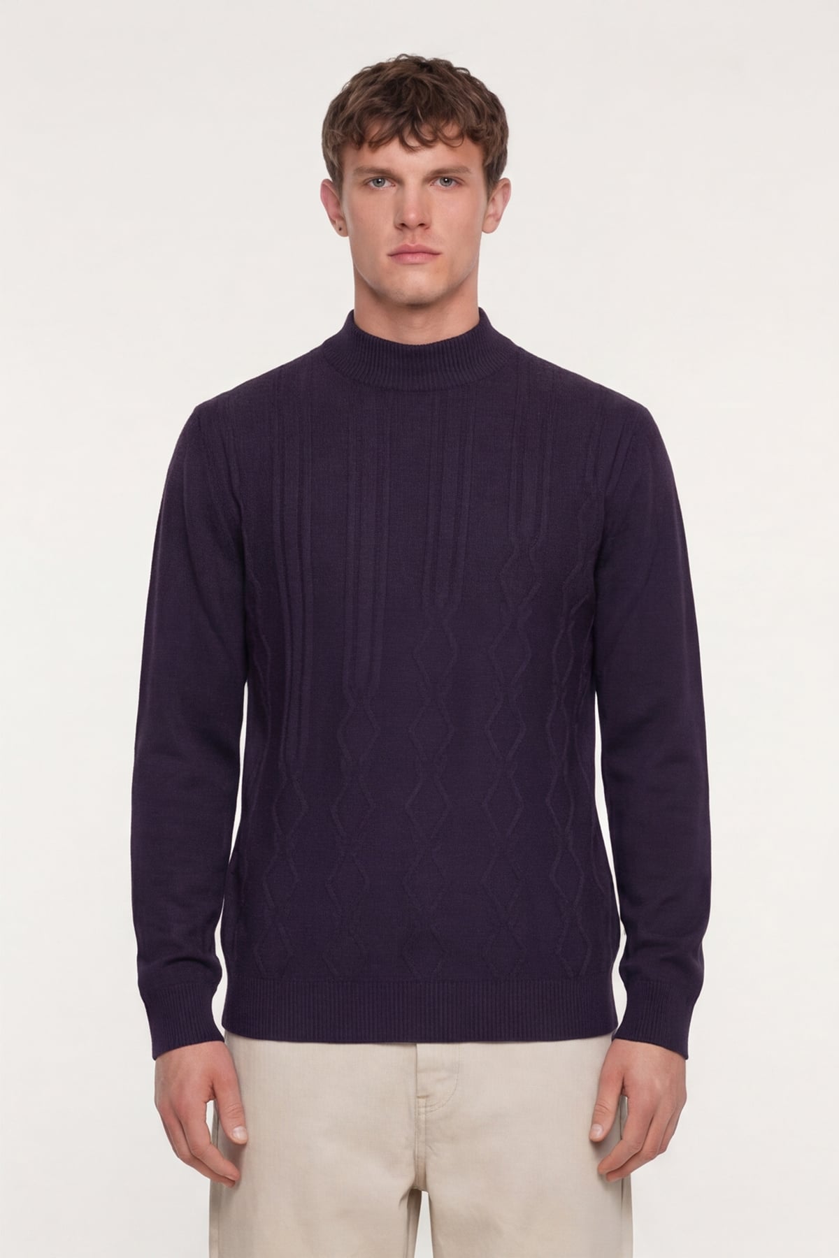 Erkek Mor Dar Kesim Slim Fit Yünlü Yarım Balıkçı Yaka Triko Kazak