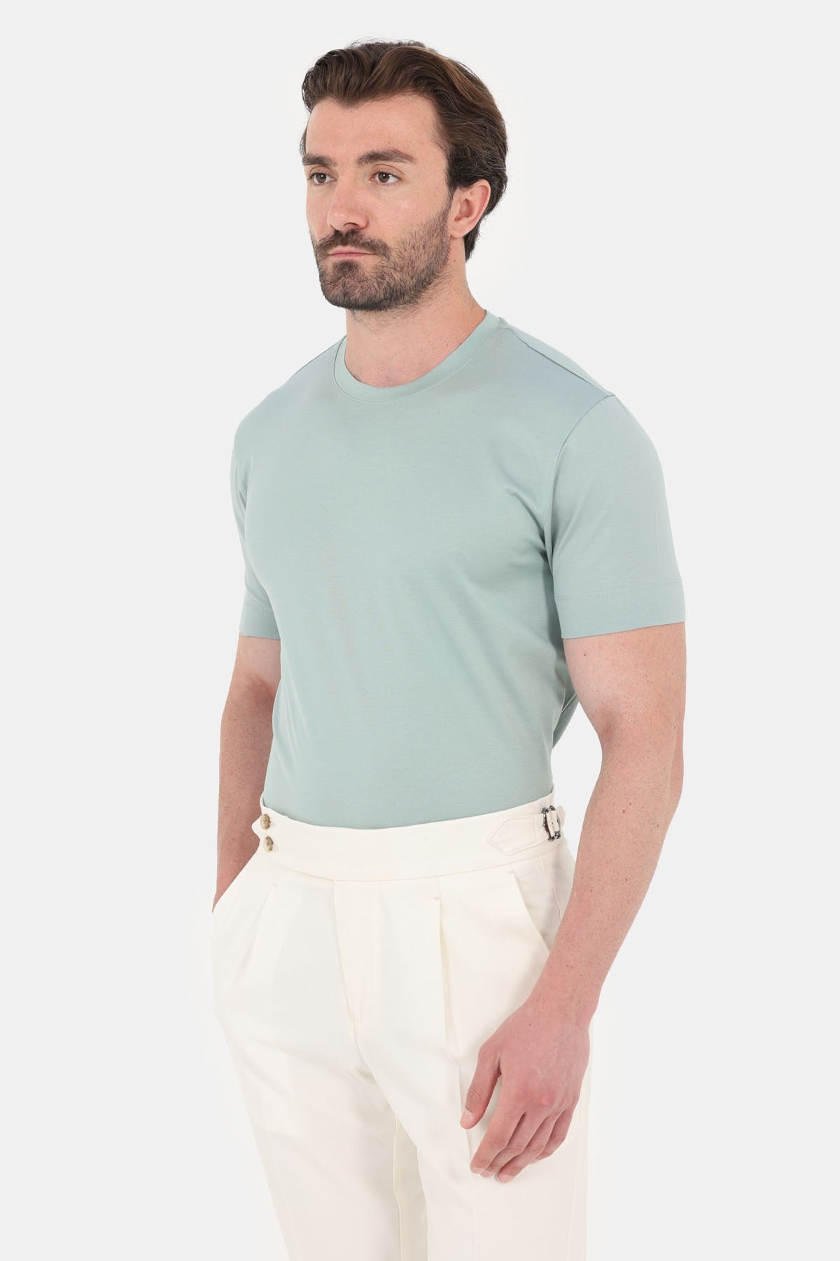 Okaliptus Yeşili %100 Pamuk Regular Fit Bisiklet Yaka Basic T-Shirt