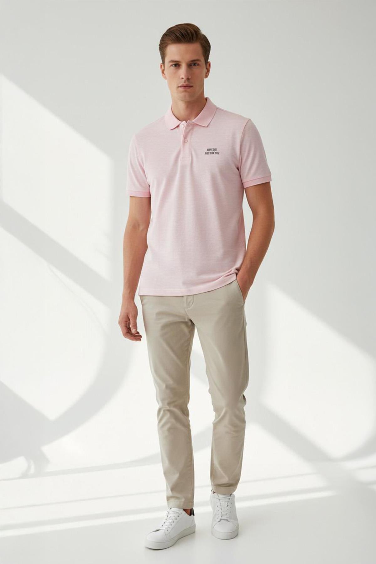 Giotelli Erkek Pembe Dar Kesim Slim Fit %100 Pamuk Düğmeli Polo Yaka Tişört