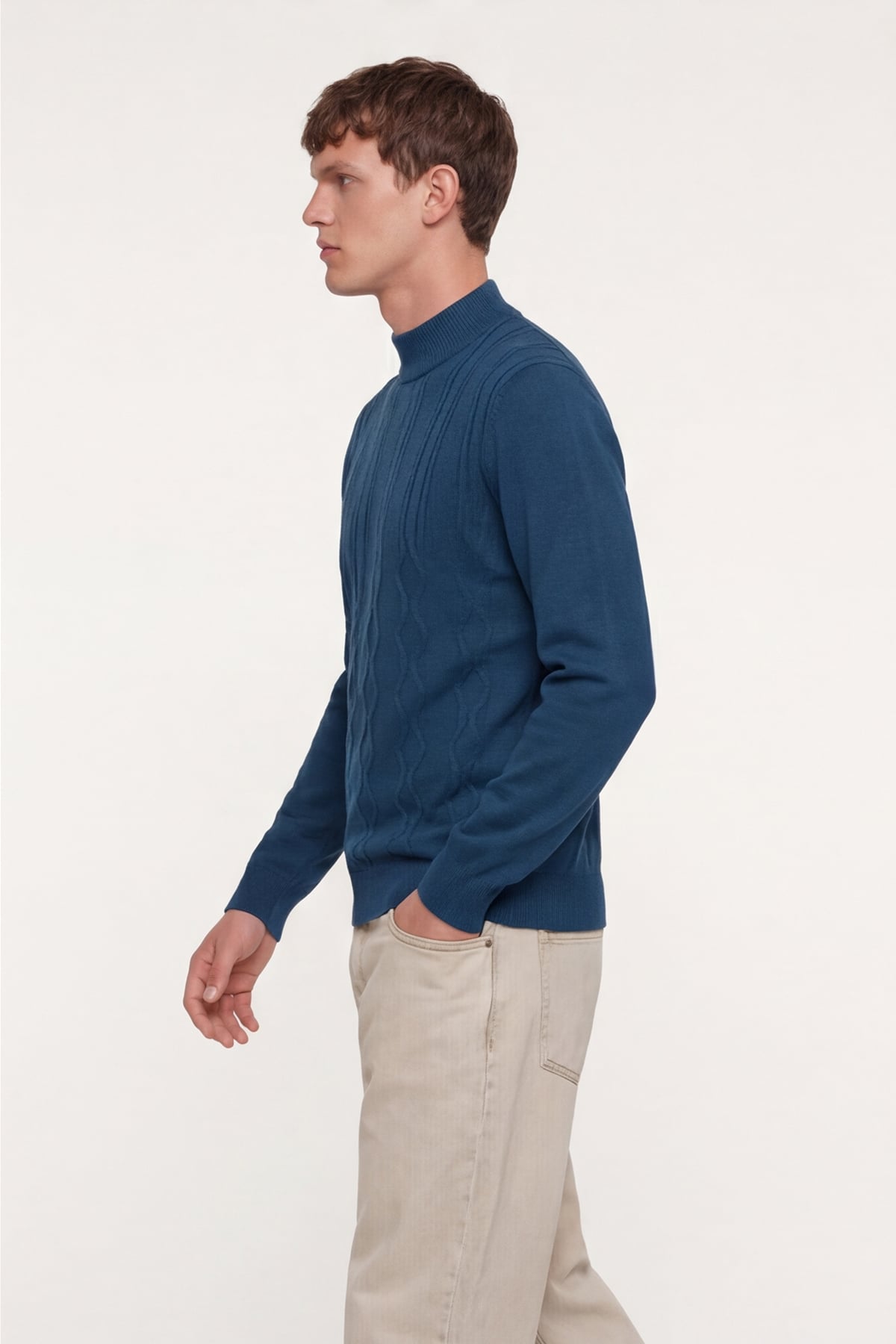 Erkek Petrol Dar Kesim Slim Fit Yünlü Yarım Balıkçı Yaka Triko Kazak